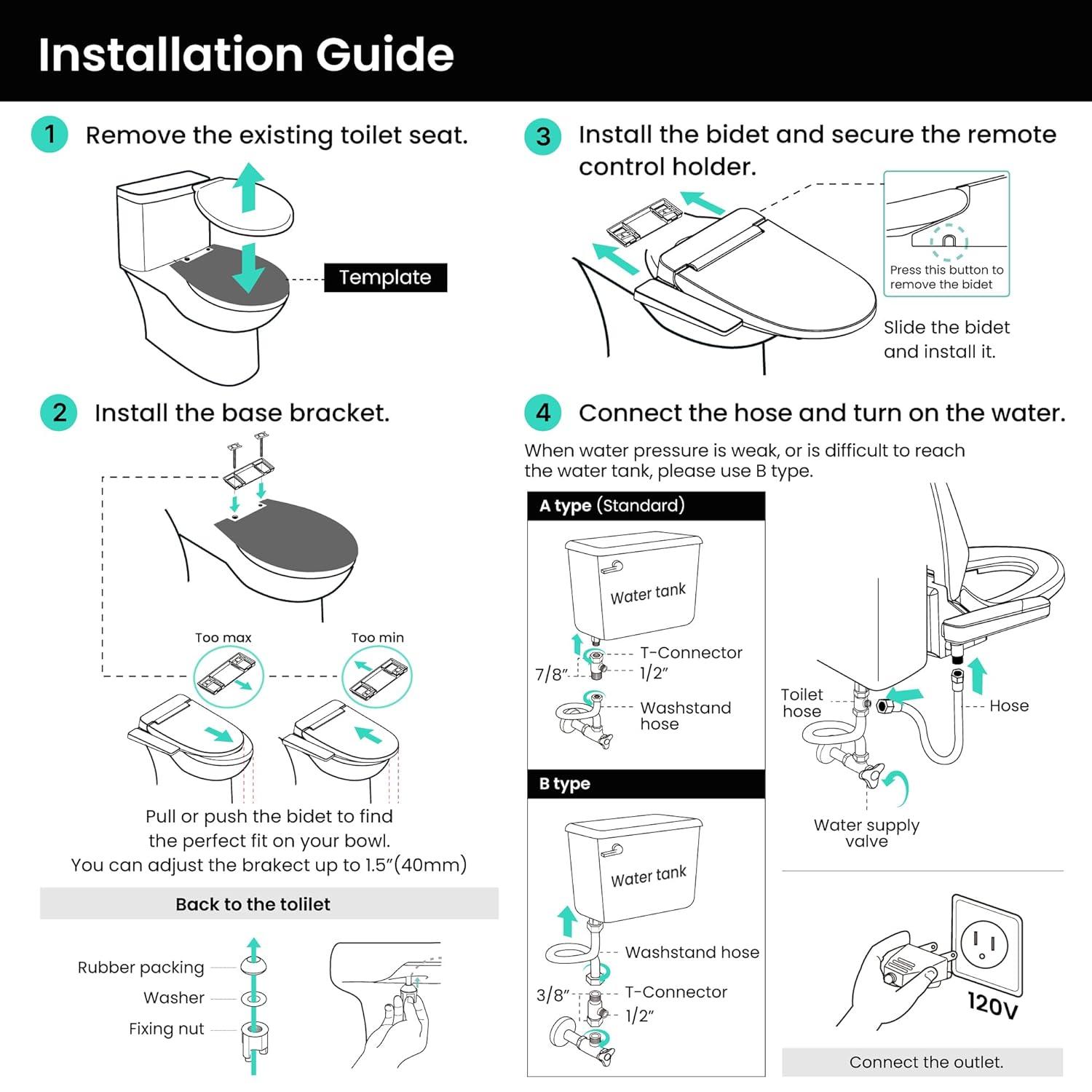 VOVO STYLEMENT VB 6000SE Electronic Smart Bidet Toilet Seat Heated Seat Warm Dry and Water LED Nightlight One piece Toilet Bidet Seat Elongated White