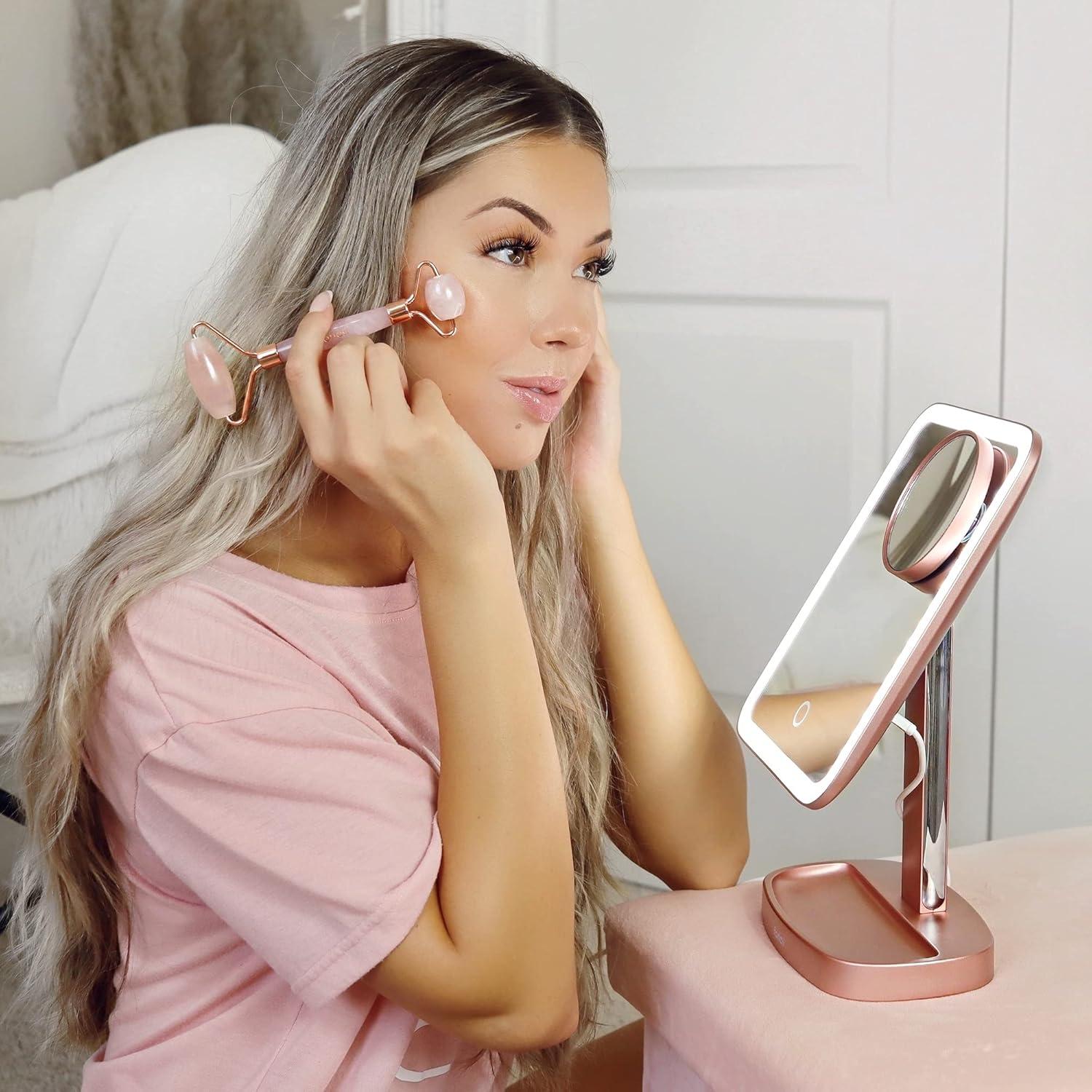 Aura Rose Gold Beveled LED Lighted Makeup Mirror with 15x Magnification