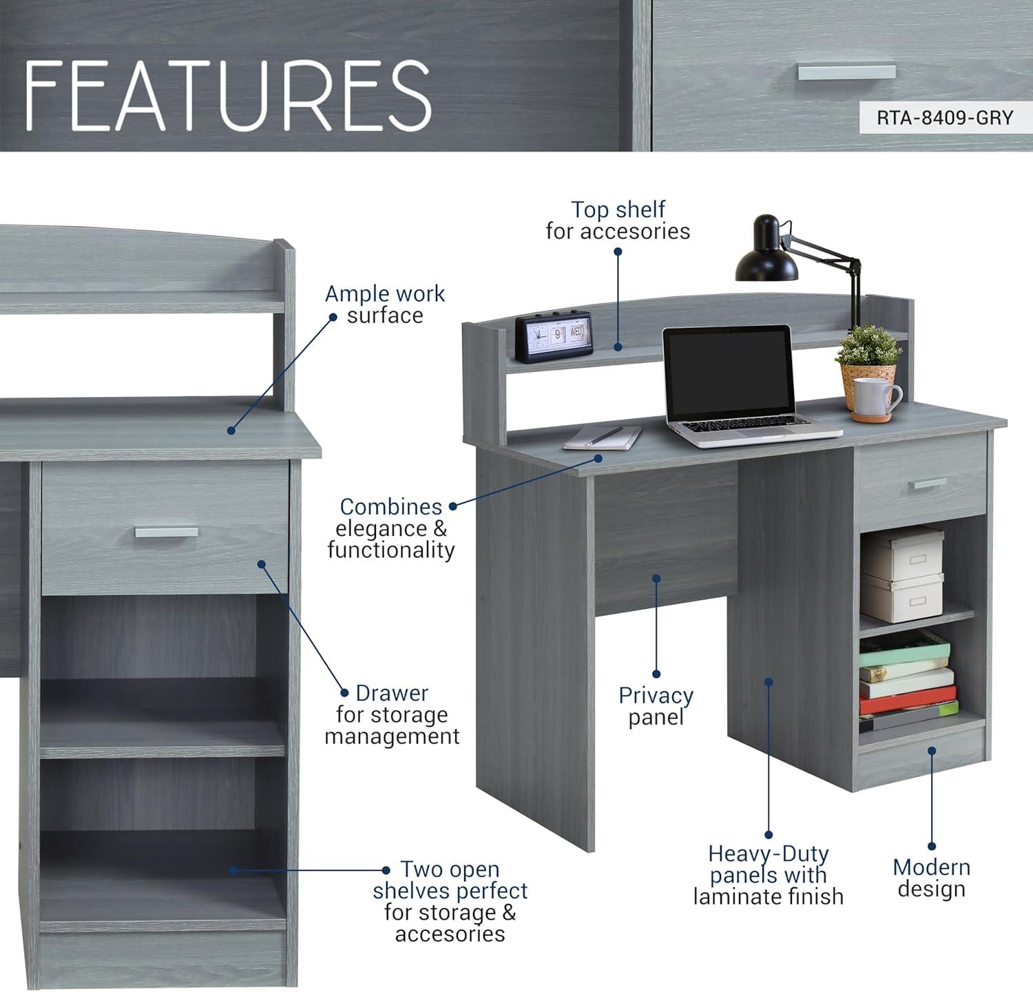 Modern Office Desk with Hutch Gray - Techni Mobili: Laminated Particle Board, Storage Hutch