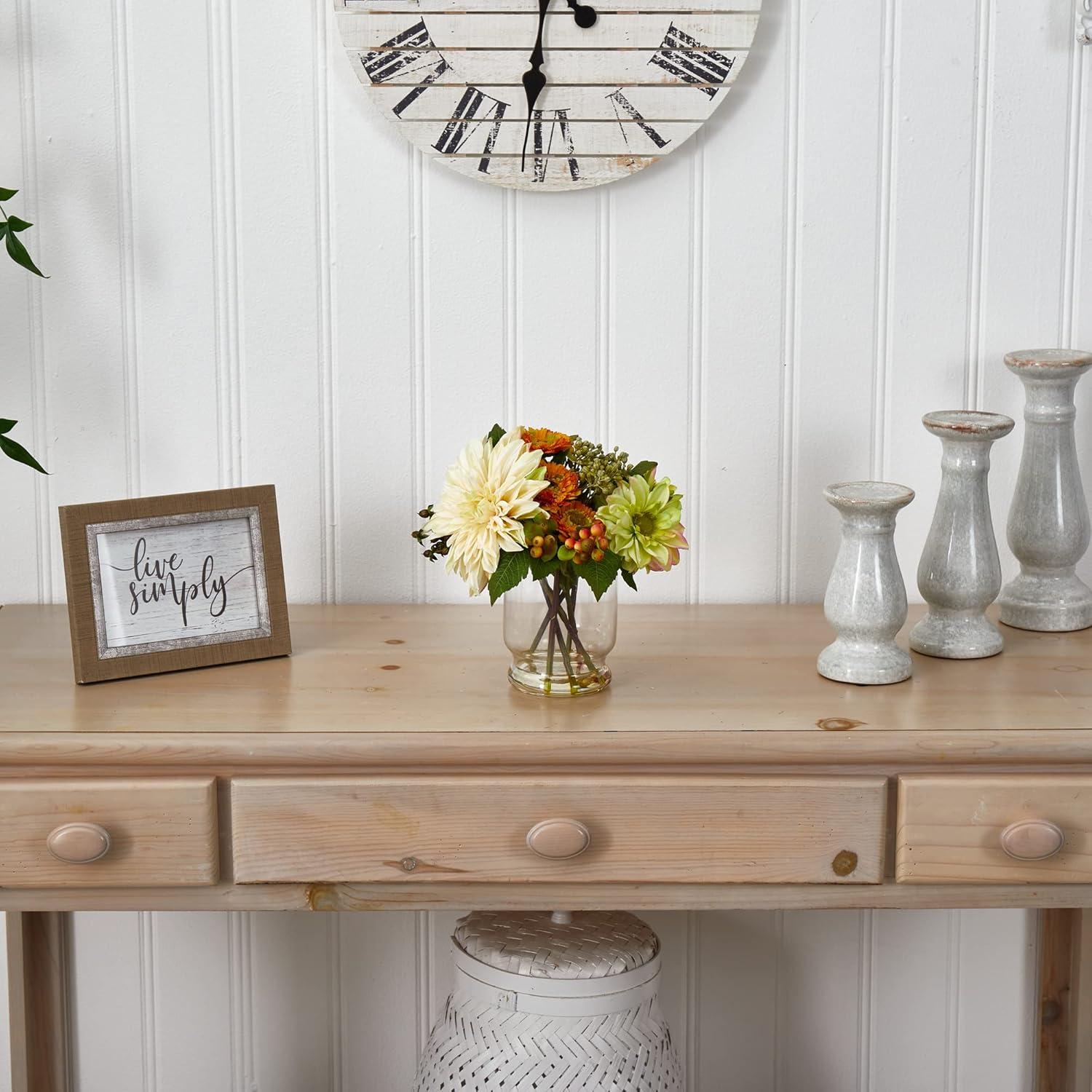 Nearly Natural 10.5-in Mixed Dahlia and Mum with Glass Vase