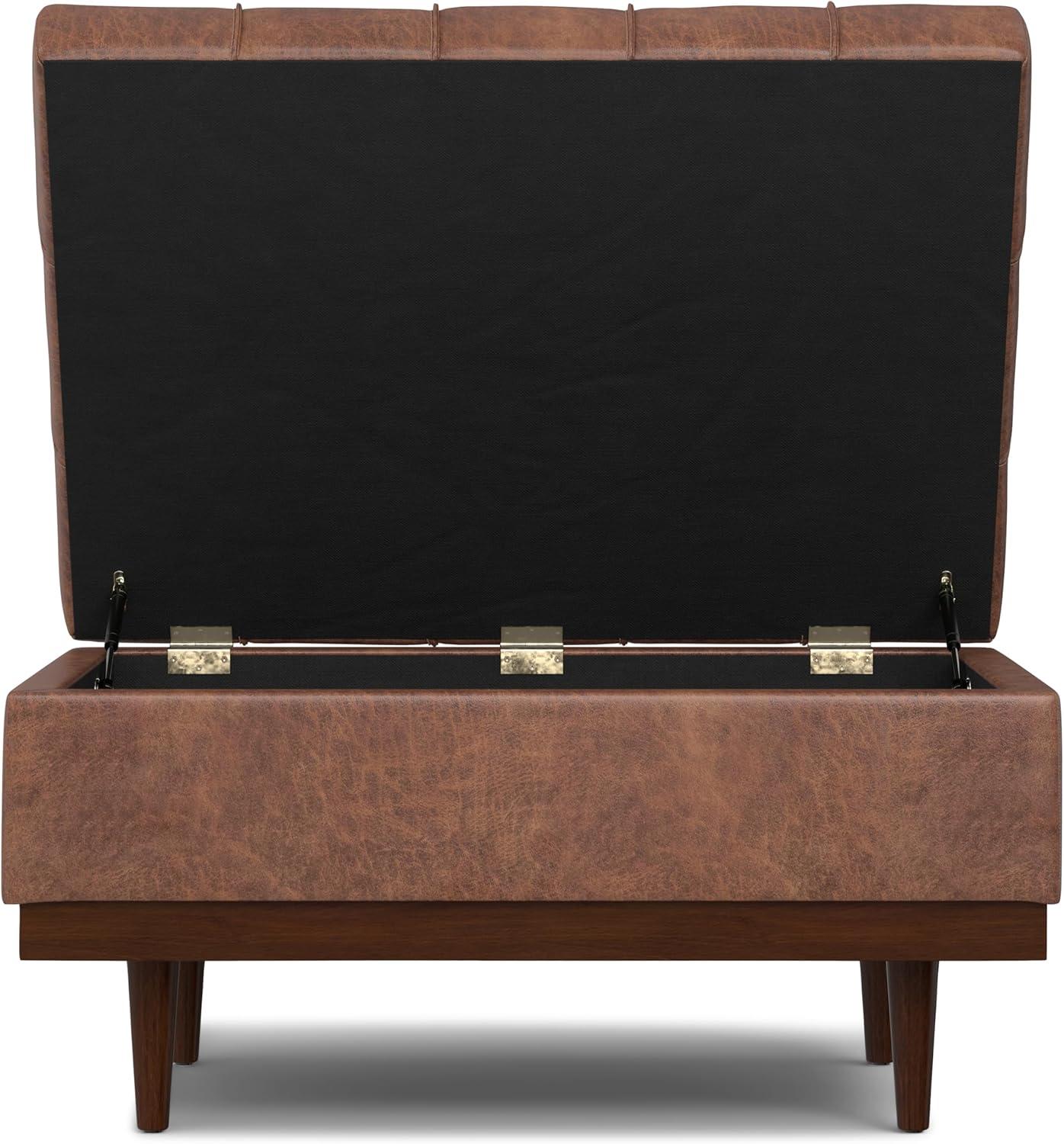 Simpli Home Mariah 34 inch Wide Contemporary Rectangle Coffee Table Storage Ottoman in Distressed Saddle Brown Vegan Faux Leather