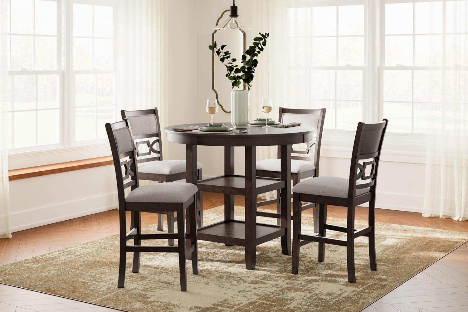 Cherry Brown Transitional Round Counter Height Dining Table with 4 Barstools