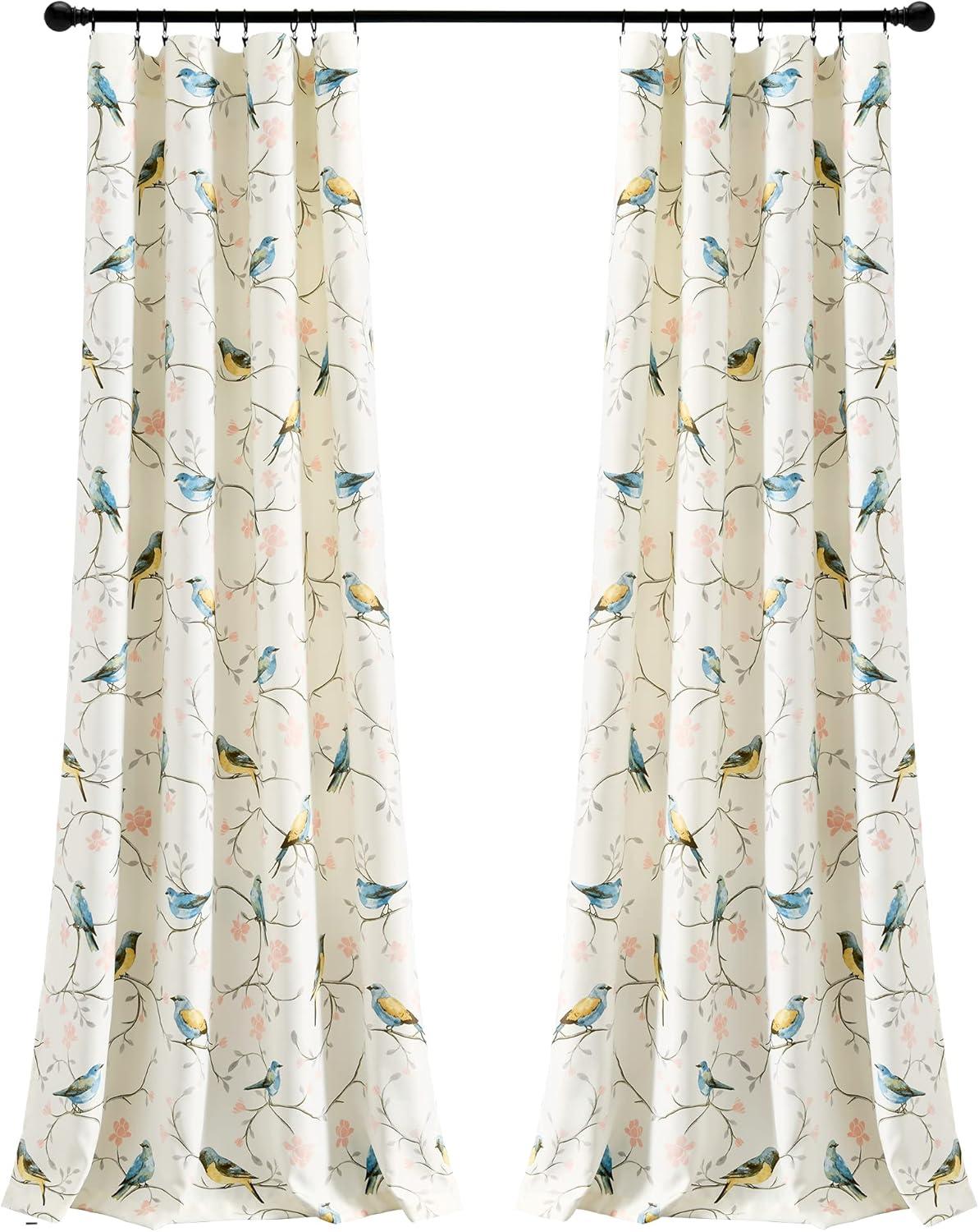 Botanical Bird and Flower Polyester Blackout Curtain Pair, 84" L x 52" W