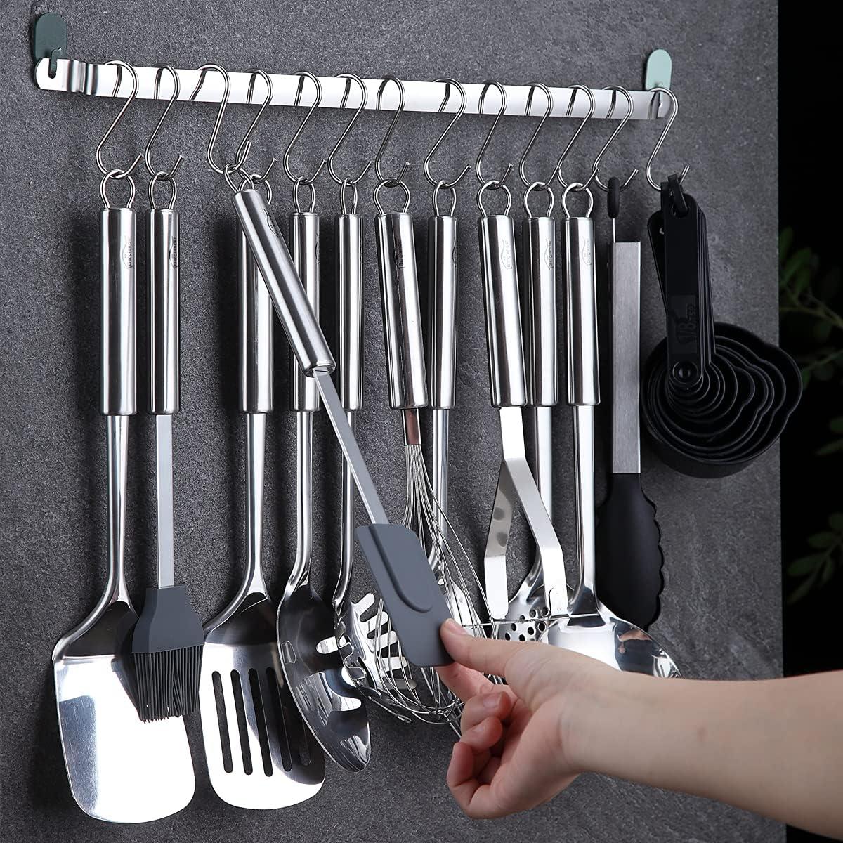 38-Piece Stainless Steel Kitchen Utensil Set with Holder and Hooks