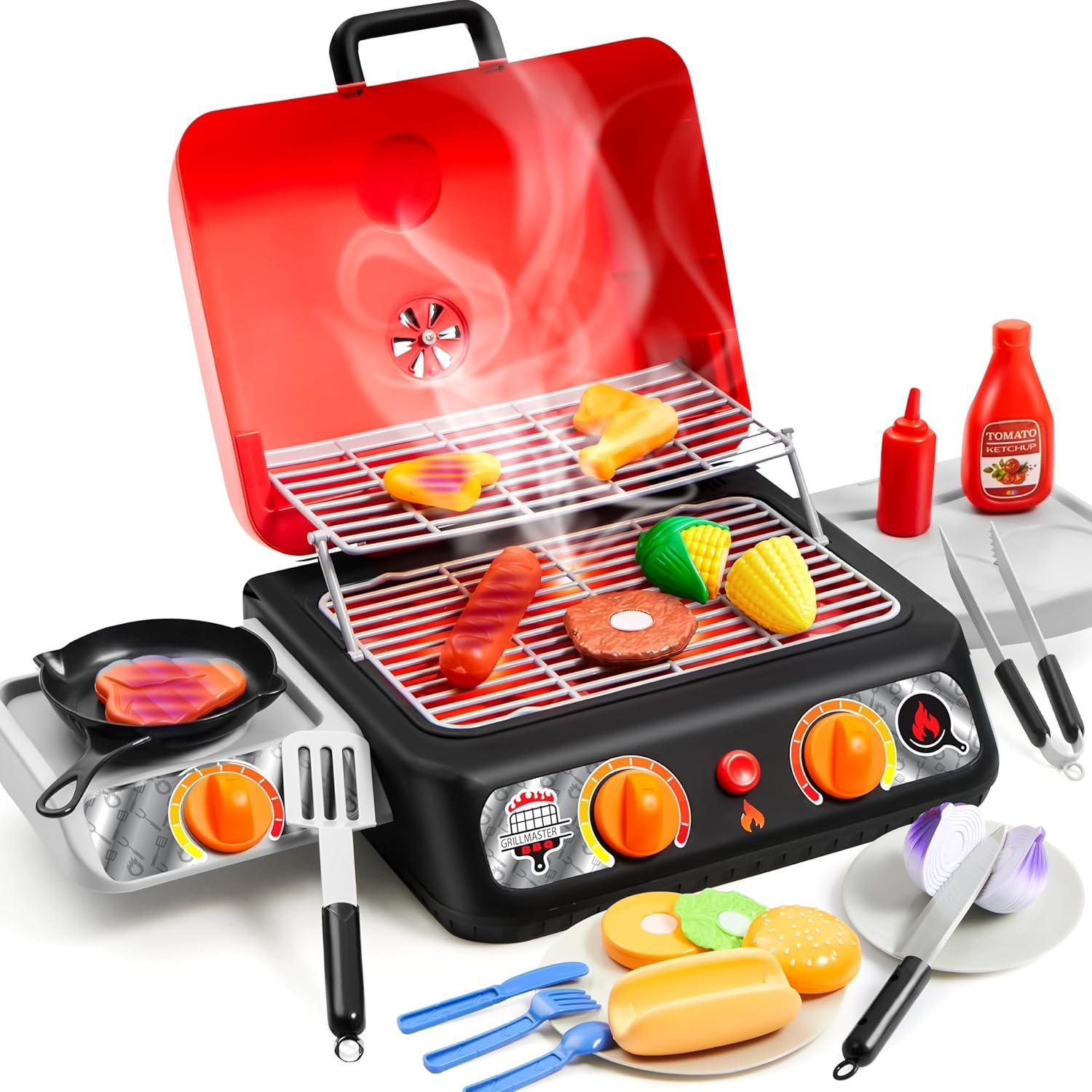 Kids BBQ Grill Playset, Kitchen Toy Set with Pretend Smoke, Light,Indoor Outdoor Cooking Toy for Boys Girls Kids