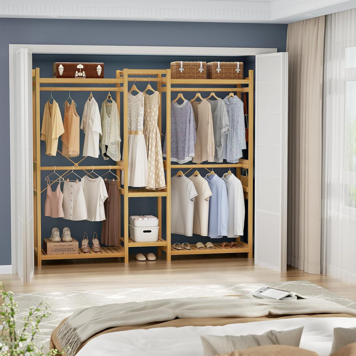 Natural Bamboo Freestanding Closet System with Shelves and Rods