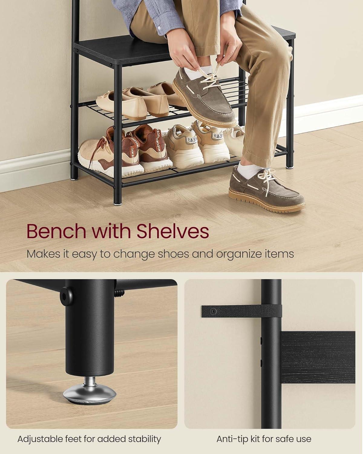 VASAGLE Coat Rack, Hall Tree with Shoe Storage Bench, Entryway Bench with Shoe Storage, 3-in-1, Steel Frame, for Entryway, 12.6 x 33.5 x 68.9 Inches, Industrial, Rustic Brown and Black UHSR401B01