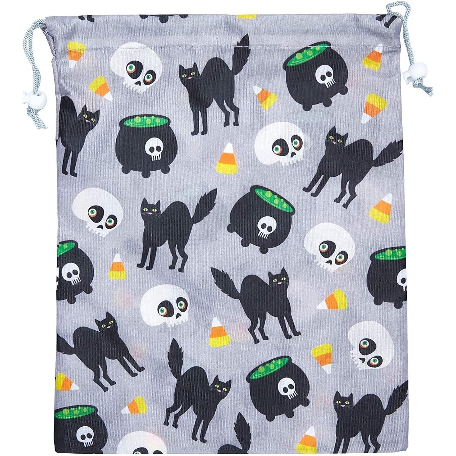 BLUE PANDA Halloween Fabric Drawstring Treat Bags - 12 Pack 10 x 12 in Reusable Polyester Favor Bags - Assorted Ghost, Pumpkin & Witch Designs for Parties & Trick-or-Treat