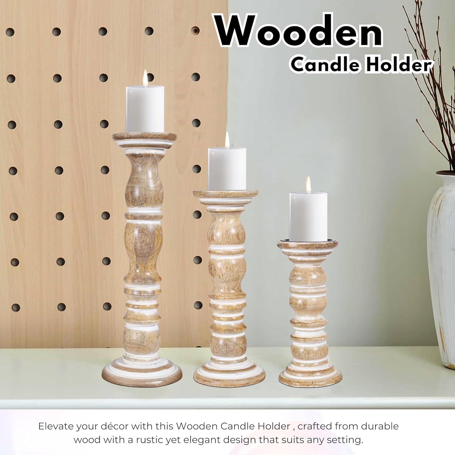 DecMode Traditional and Timeless Mango Wood Pillar Candle Holder Set of 3, 6", 8", 10"H, Cream Finish