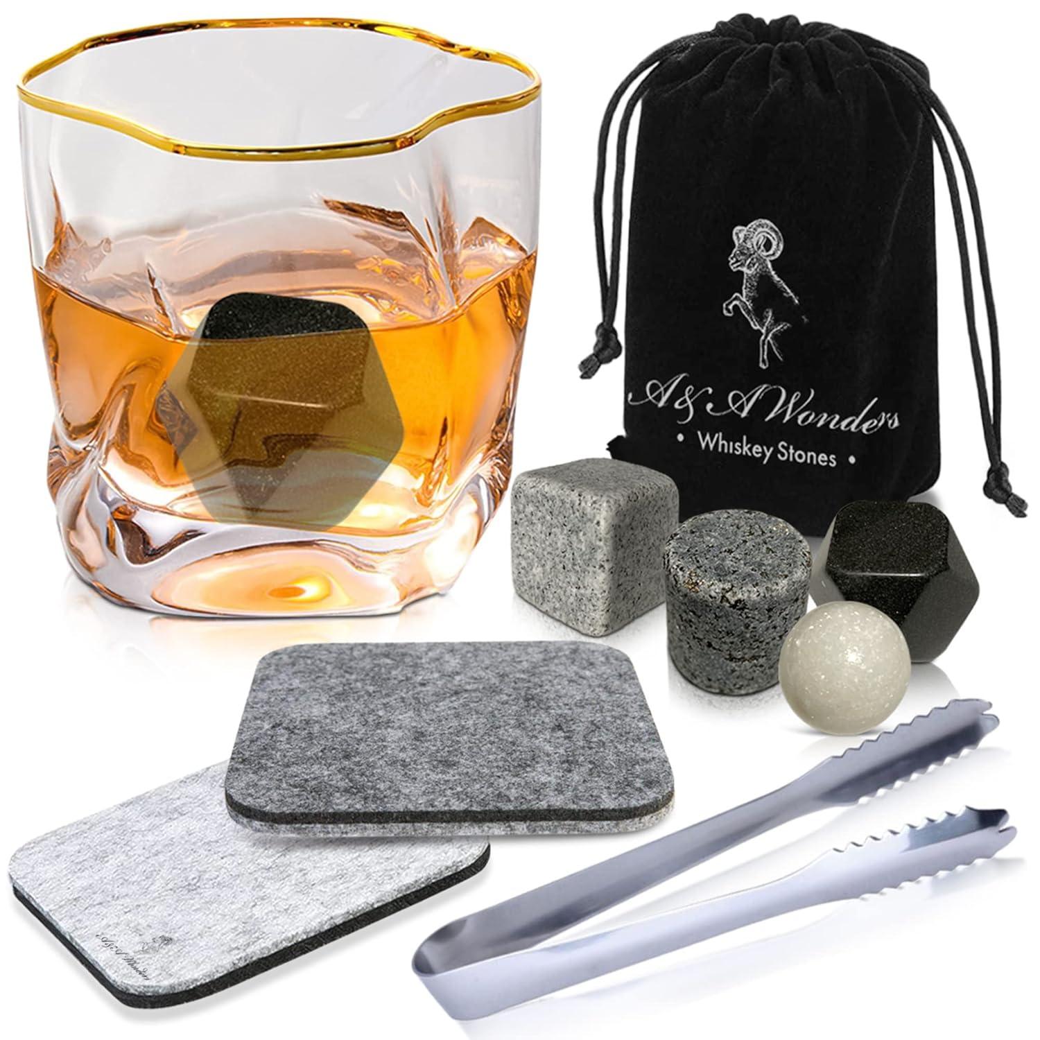 A&A Wonders Premium Whiskey Stones 100% Natural Granite Set of 4 Chilling Rocks Stone Reusable Ice Cubes for Drinks with Velvet Carrying Pouch, Gift for Whiskey Lovers