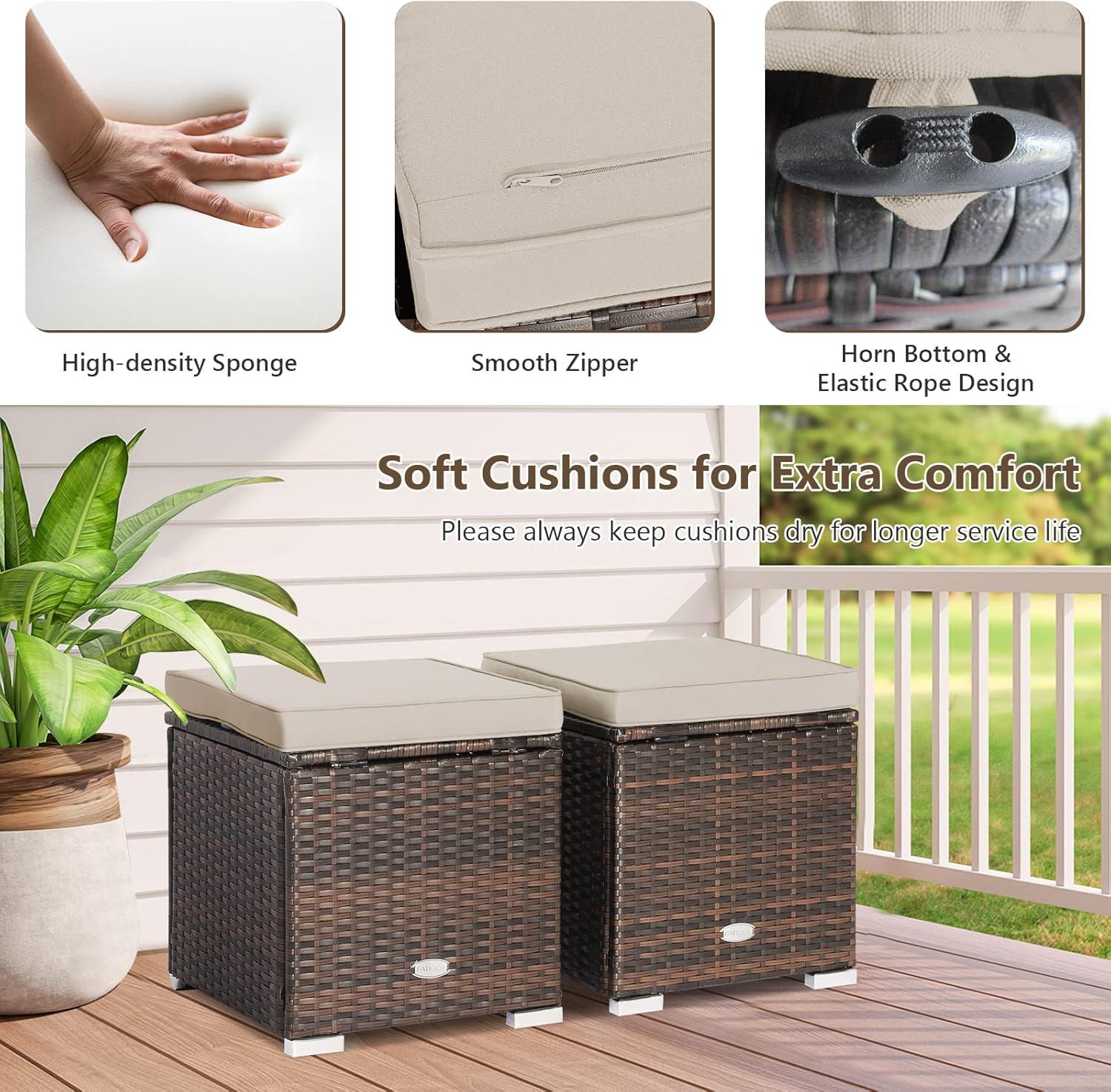 Navy Cushioned PE Rattan Storage Ottomans Set