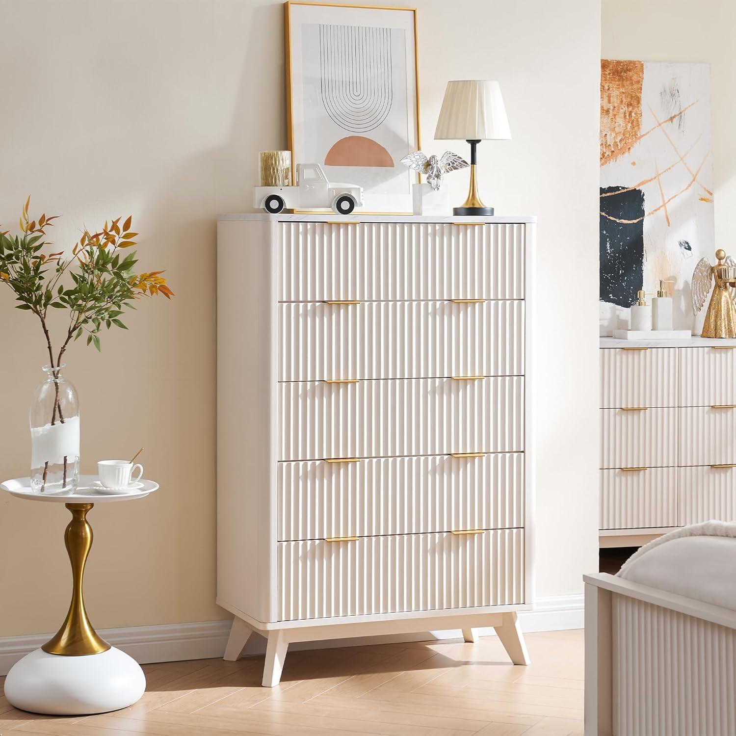 White Fluted 5-Drawer Dresser with Faux Marble Top