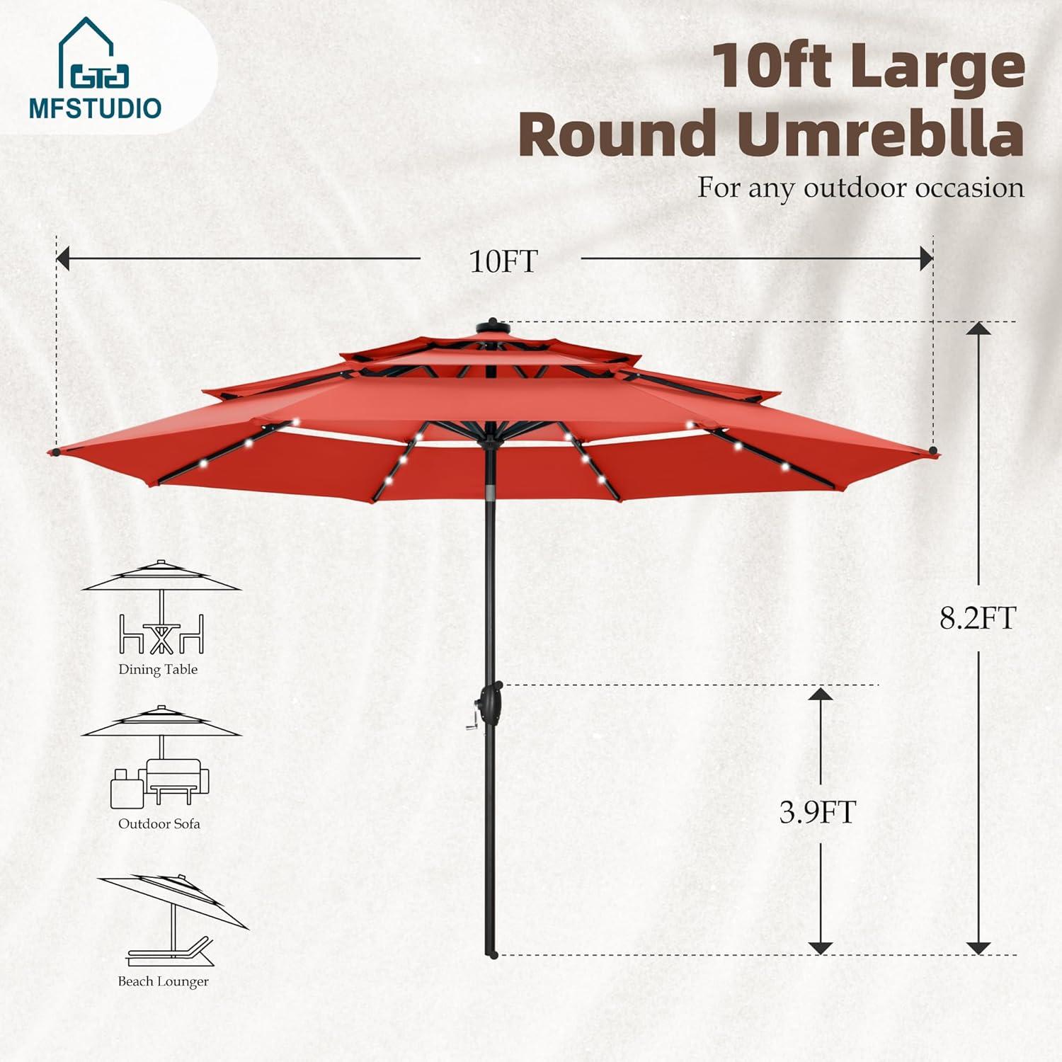 10ft Orange Red Polyester 3-Tier Vented Patio Umbrella with Auto-Tilt