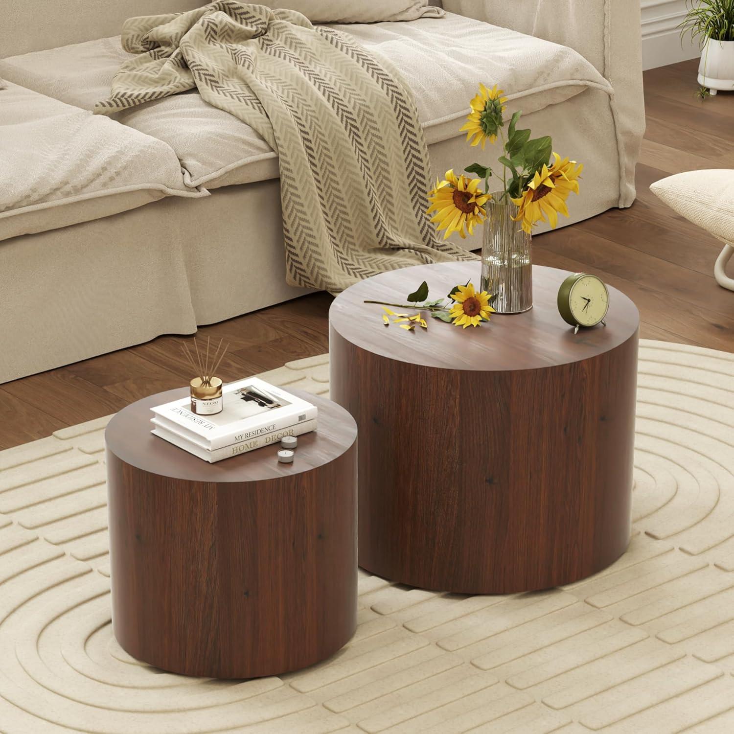 Coffee Table Set of 2, Round Walnut Wooden Coffee Tables Modern Circle End Table Side Table for Small Spaces Living Room, Bedroom, Balcony, Office