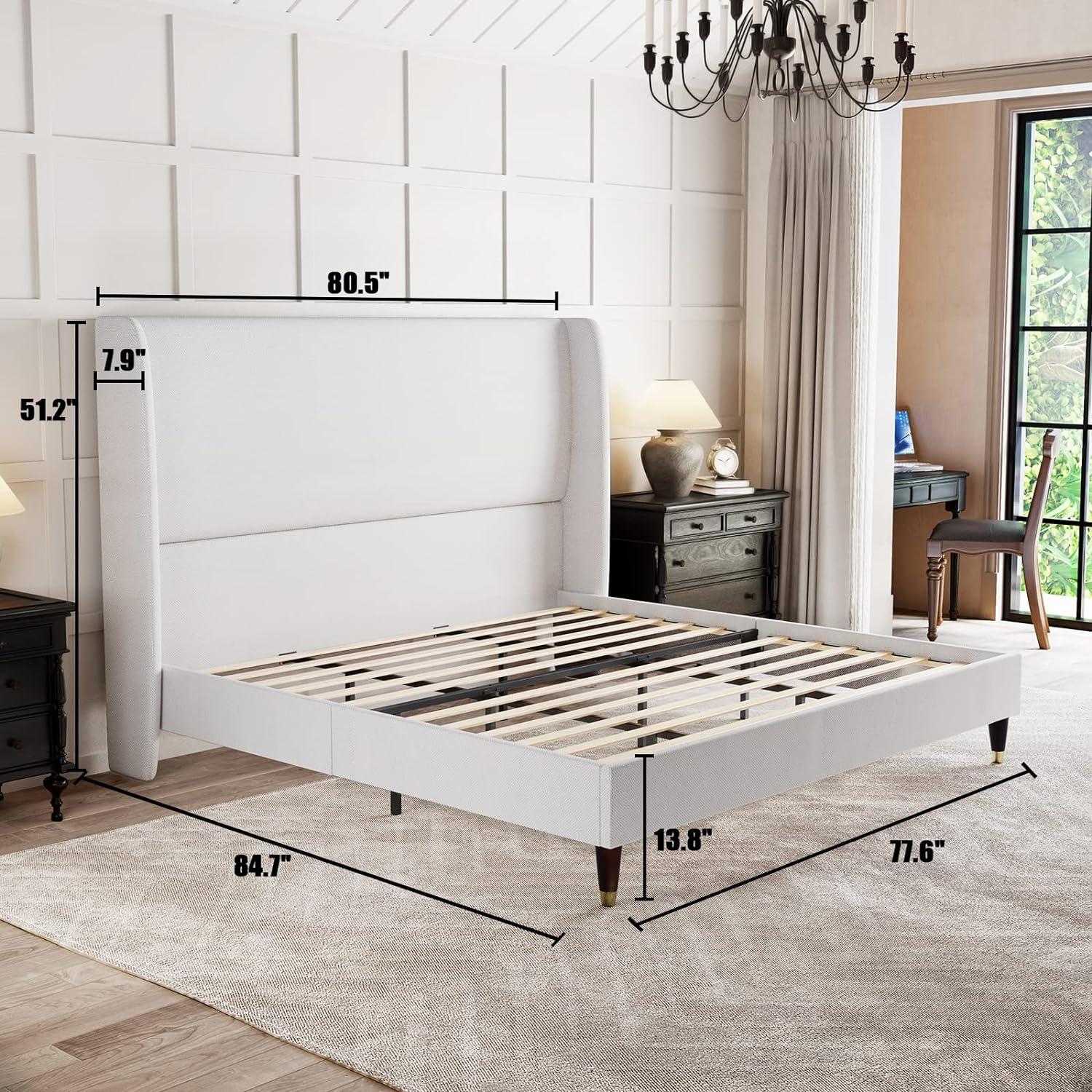 MERLUXY 51.2" King Bed Frame with High Headboard,Upholstered Bed,White