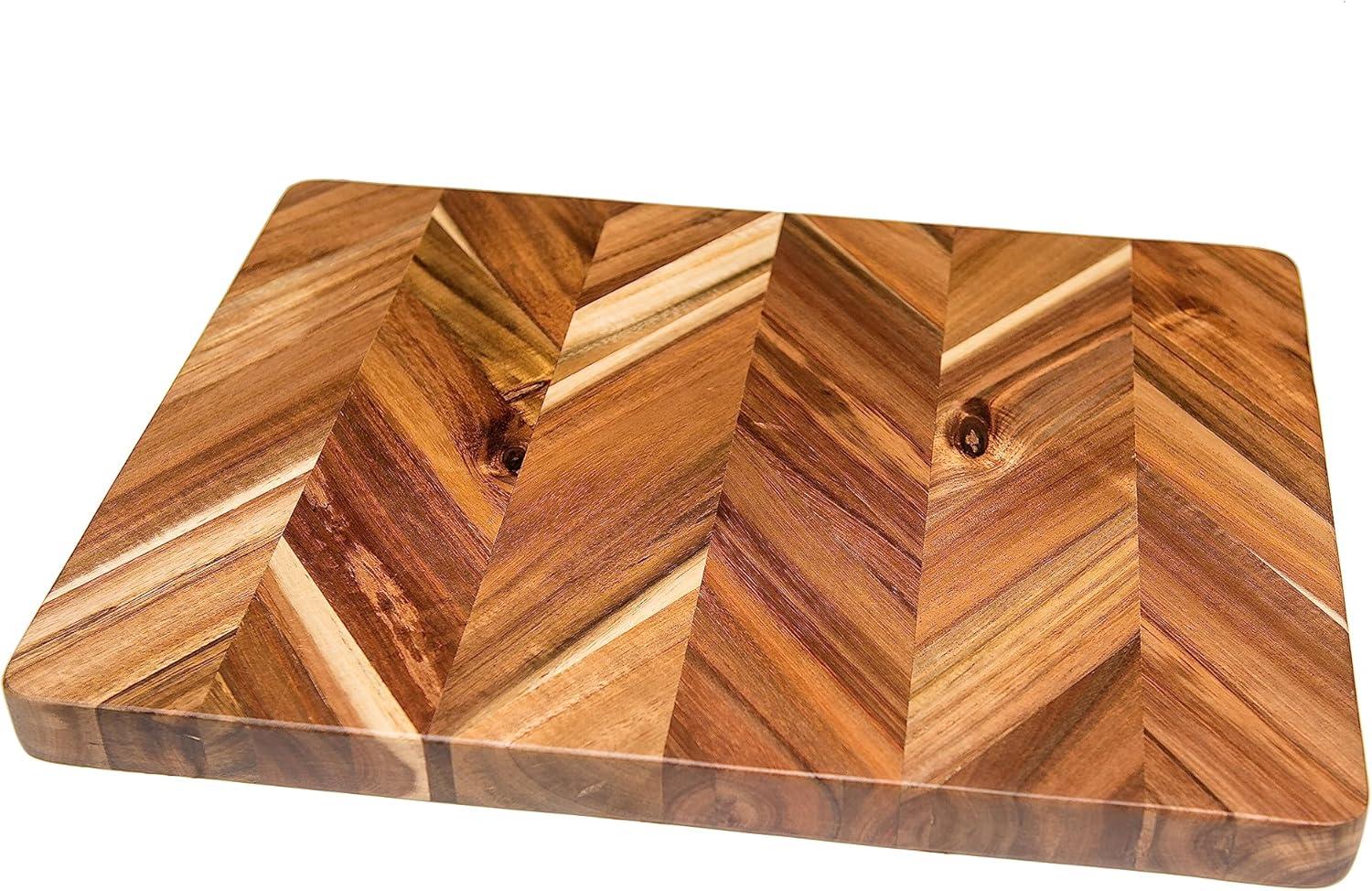 Acacia Herringbone Rectangular Cutting/Serve Board With Inset Handles And Well, Medium   ETA July