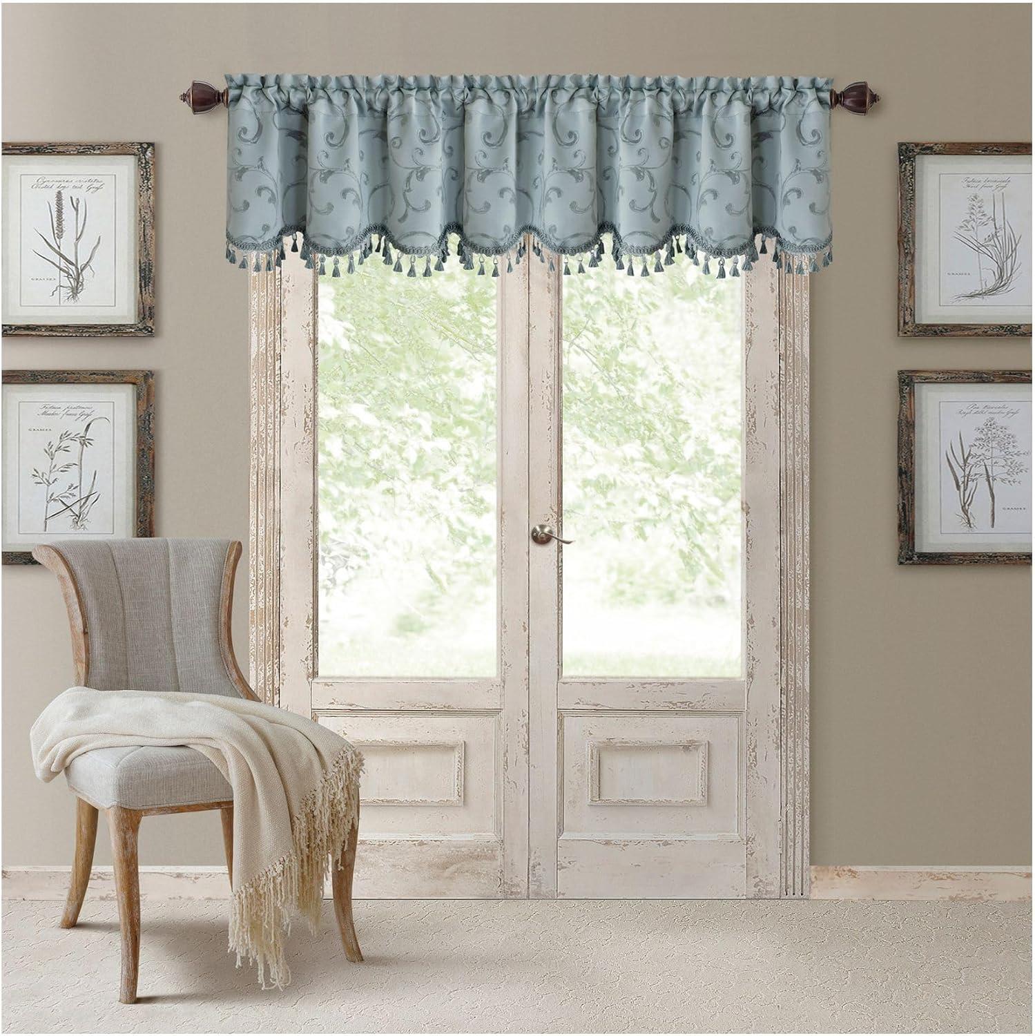 Blue Jacquard Scroll Tassel Trim Rod Pocket Valance