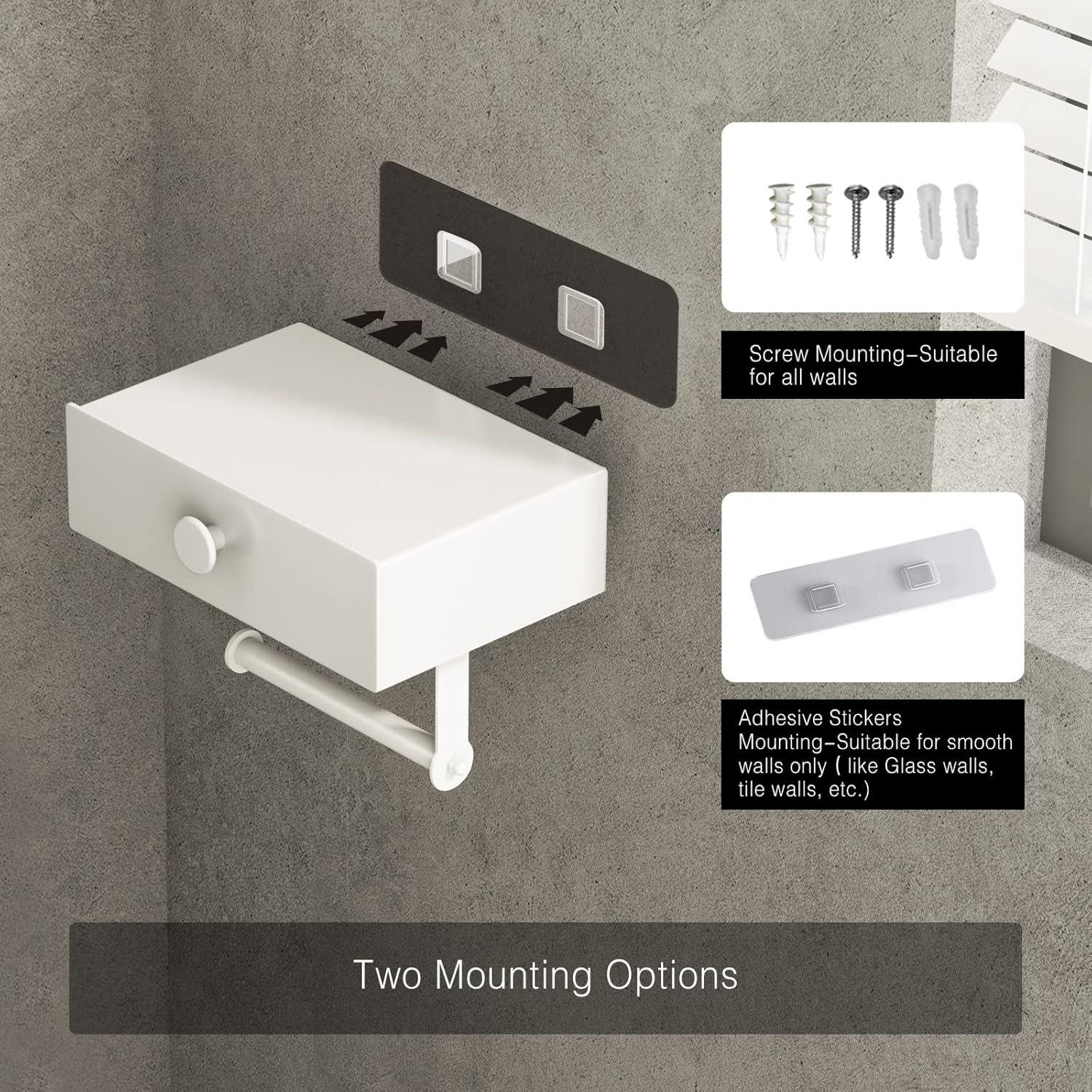 Wall-Mount Adhesive Toilet Paper Holder: Storage Drawer & Shelf - Matte White