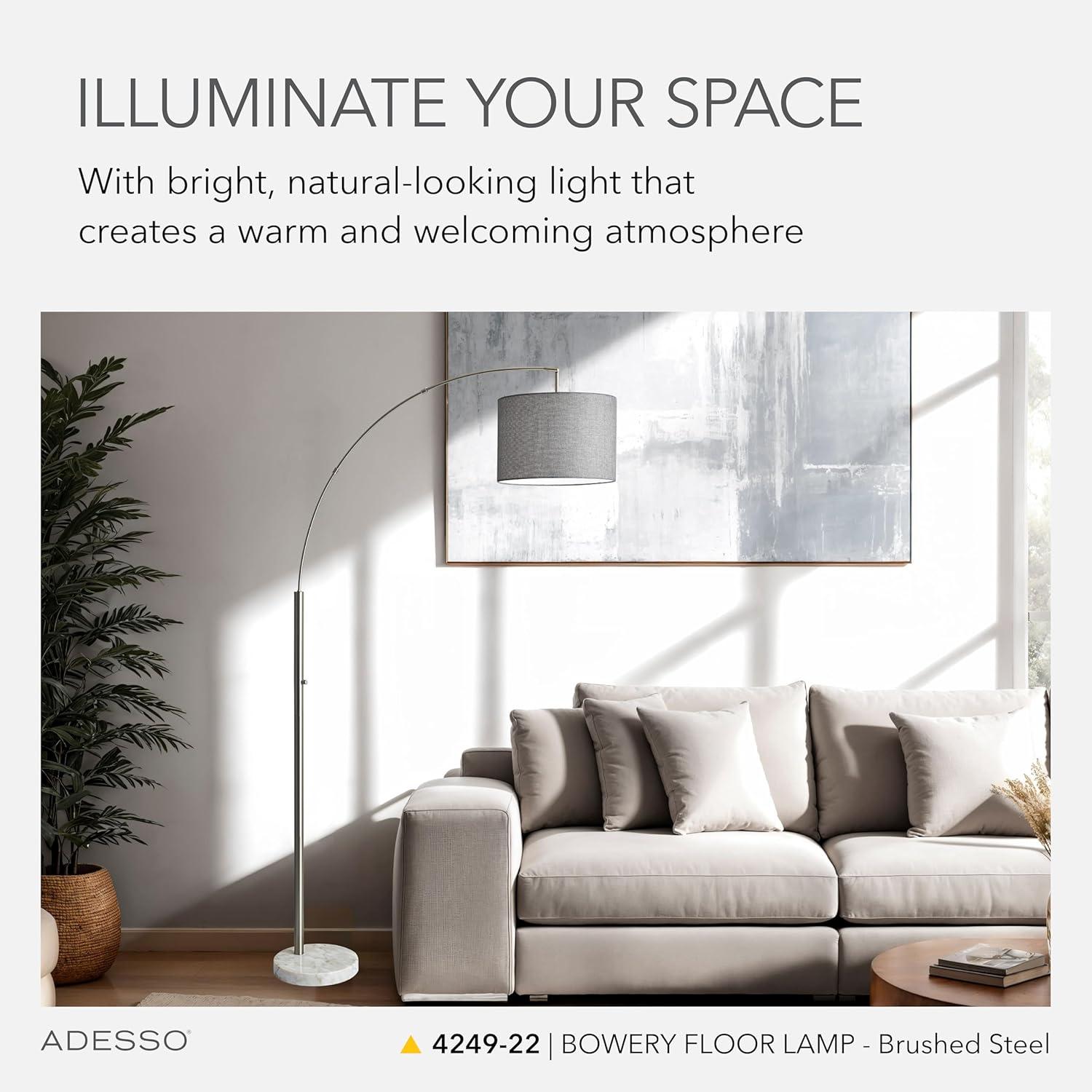 73.5" Bowery Arc Lamp Steel - Adesso: Contemporary Design, ETL Listed, Linen Shade, Metal Body