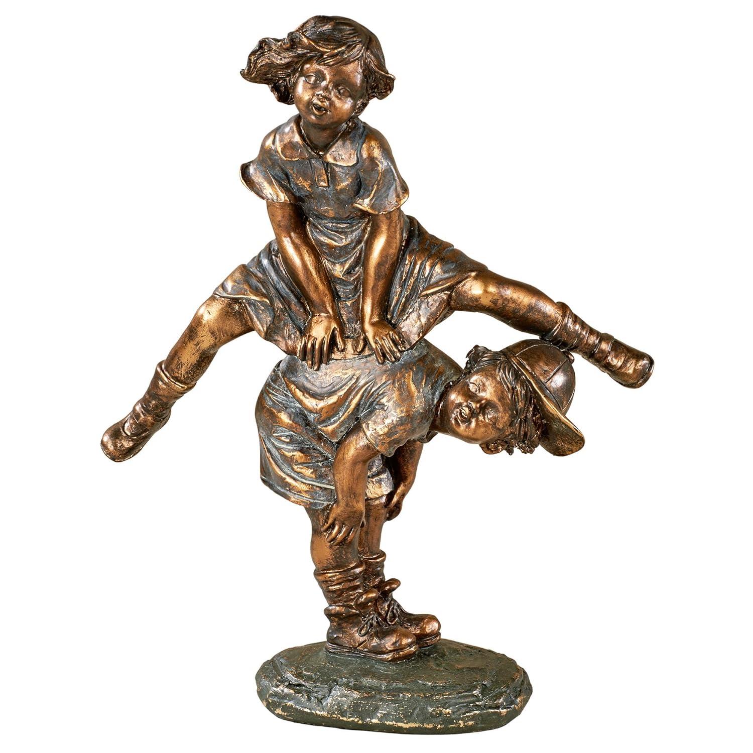 Touch of Class Leap Frog Boy and Girl Playing Children Tabletop Collectible Figurine Gold Bronze 8.5" Wx4 Dx11 H