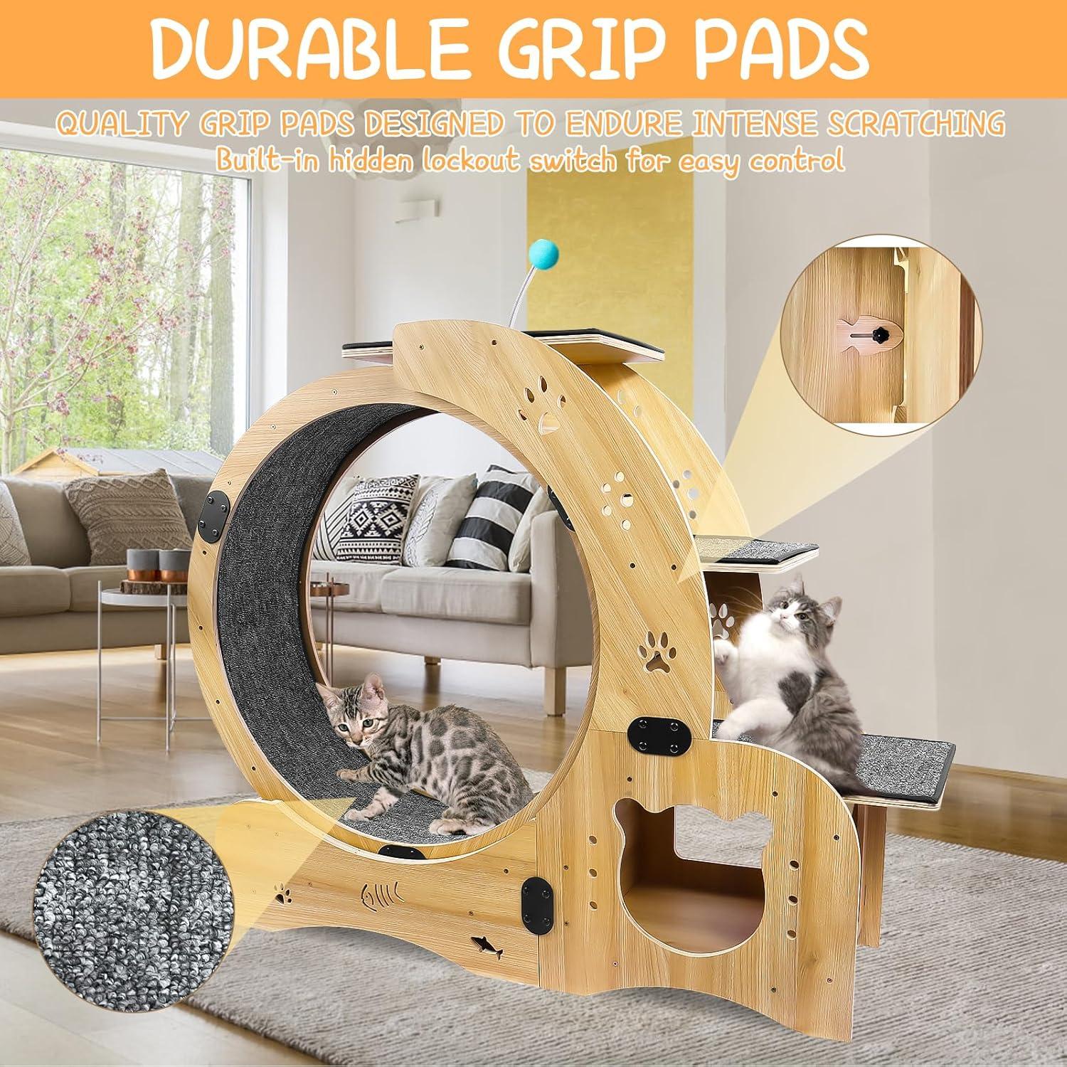 CuisinSmart Cat Running Wheel Nature Wood Kitty Large Wooden Running Wheel Pet Toy Cats Loss Weight Device Cat Rotating Wheel 4 in 1 Ultra Quiet Large Cat Wheel Exercise Treadmill