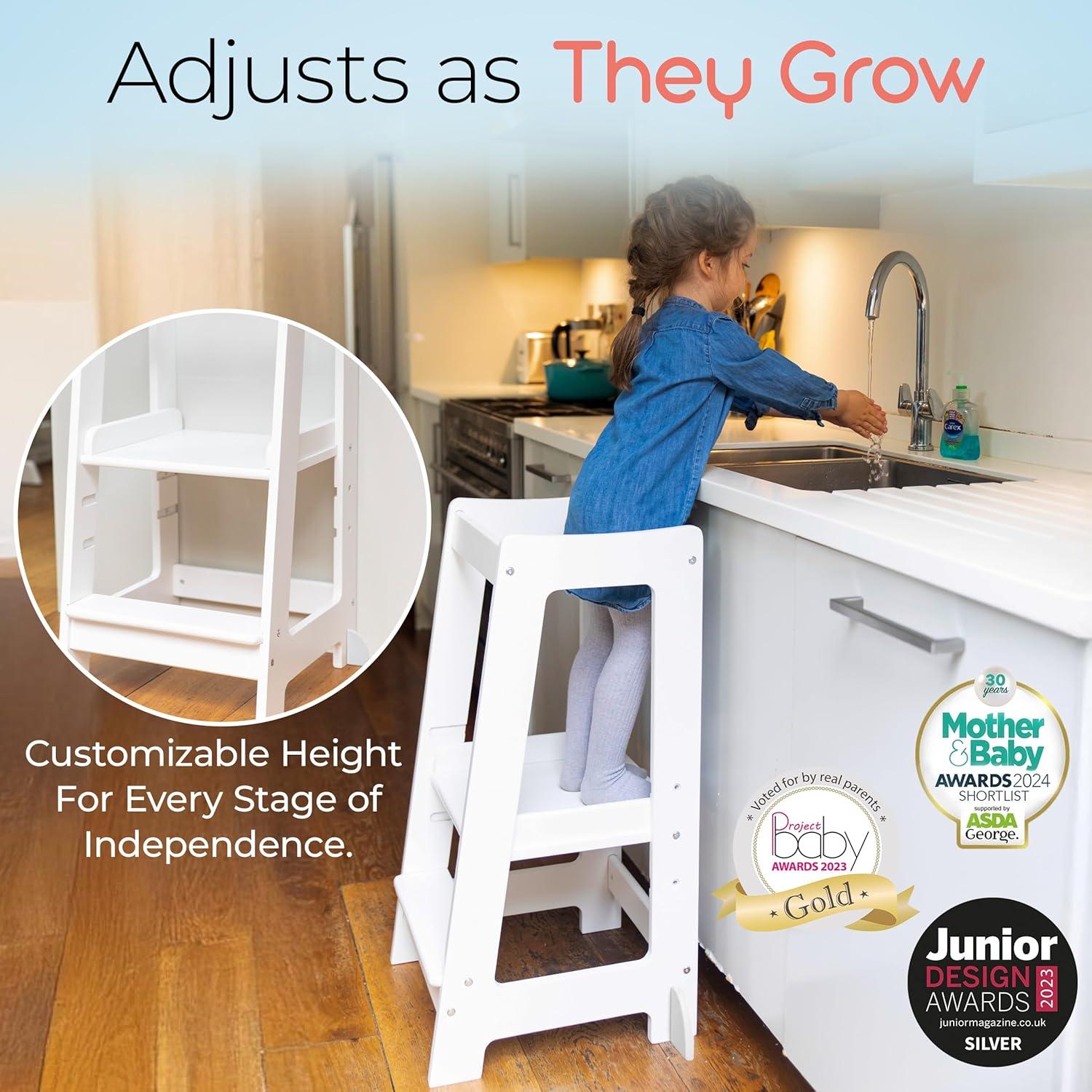 Stepup Baby Toddler Tower with Adjustable Step, White Montessori-Inspired Toddler Step Stool, Standing Tower for Kids, Fits Under Kitchen Counters, Adjustable for 18 Month - 5 Years