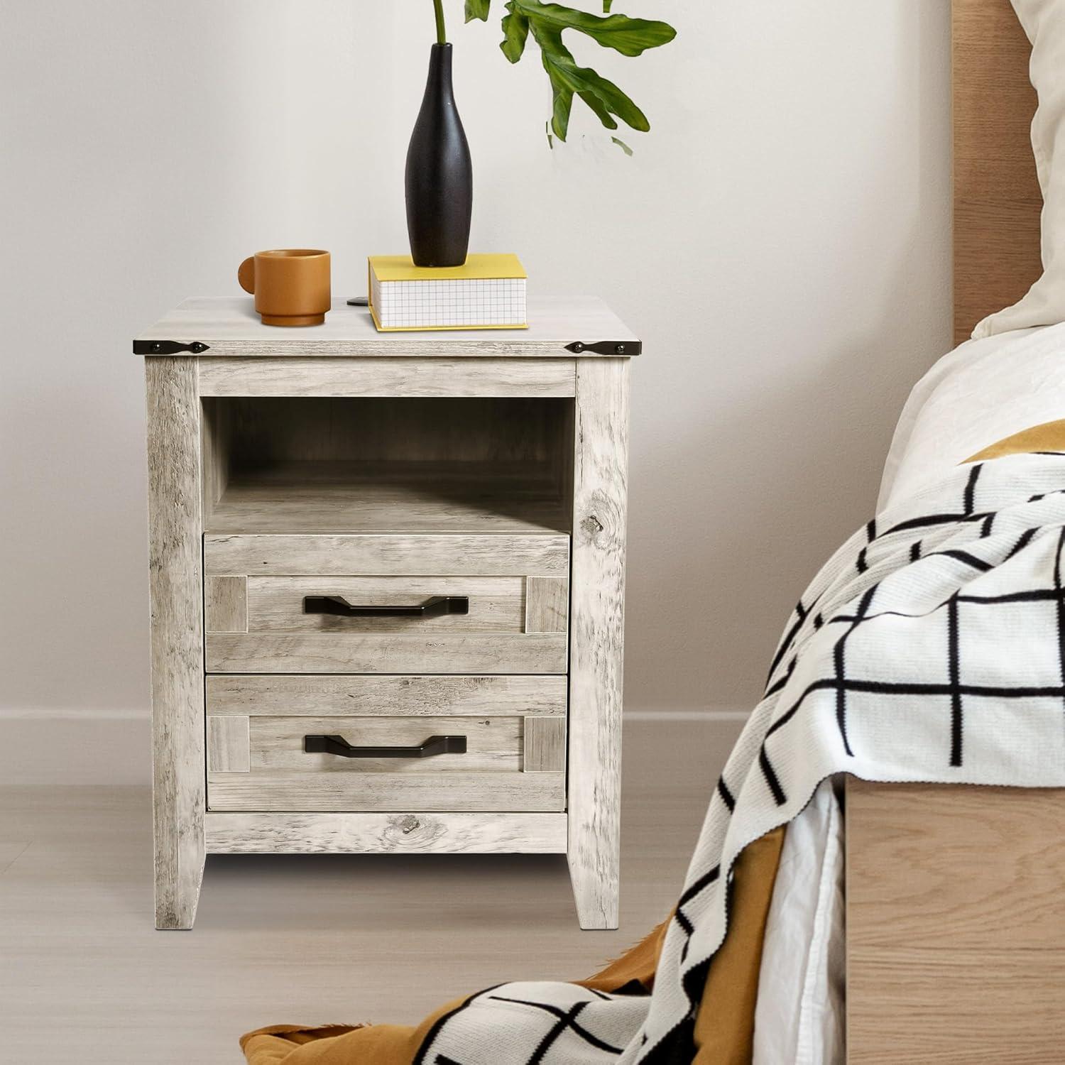 Light Rustic Oak 2-Drawer Farmhouse Nightstand with Charging Station