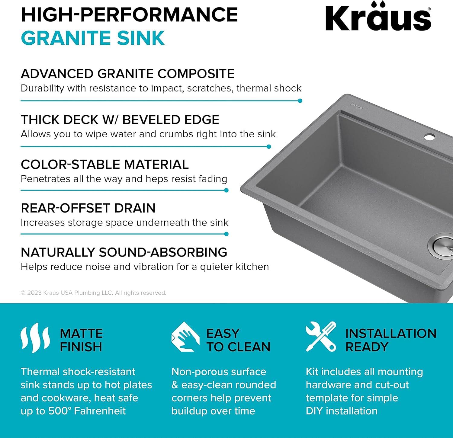 KRAUS Bellucci Granite Composite Workstation Drop-In Top Mount Single Bowl Kitchen Sink with Accessories