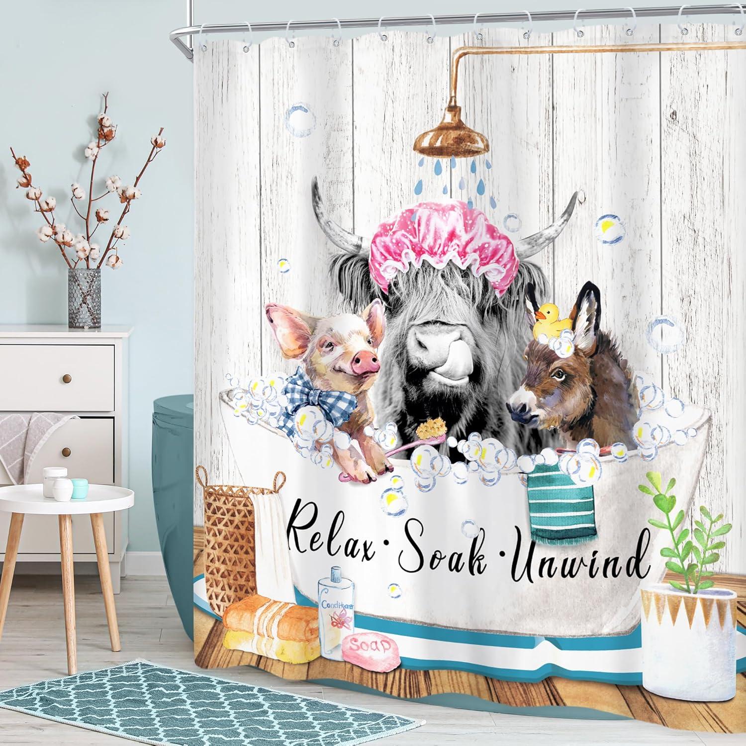 Funny Highland Cow Shower Curtain 60Wx72H Inch Bull Western Cattle Donkey Pig in Bathtub Rustic Shower Curtain Bathroom Set Farmhouse Animal Waterproof Bath Decoration Accessories Home Decor