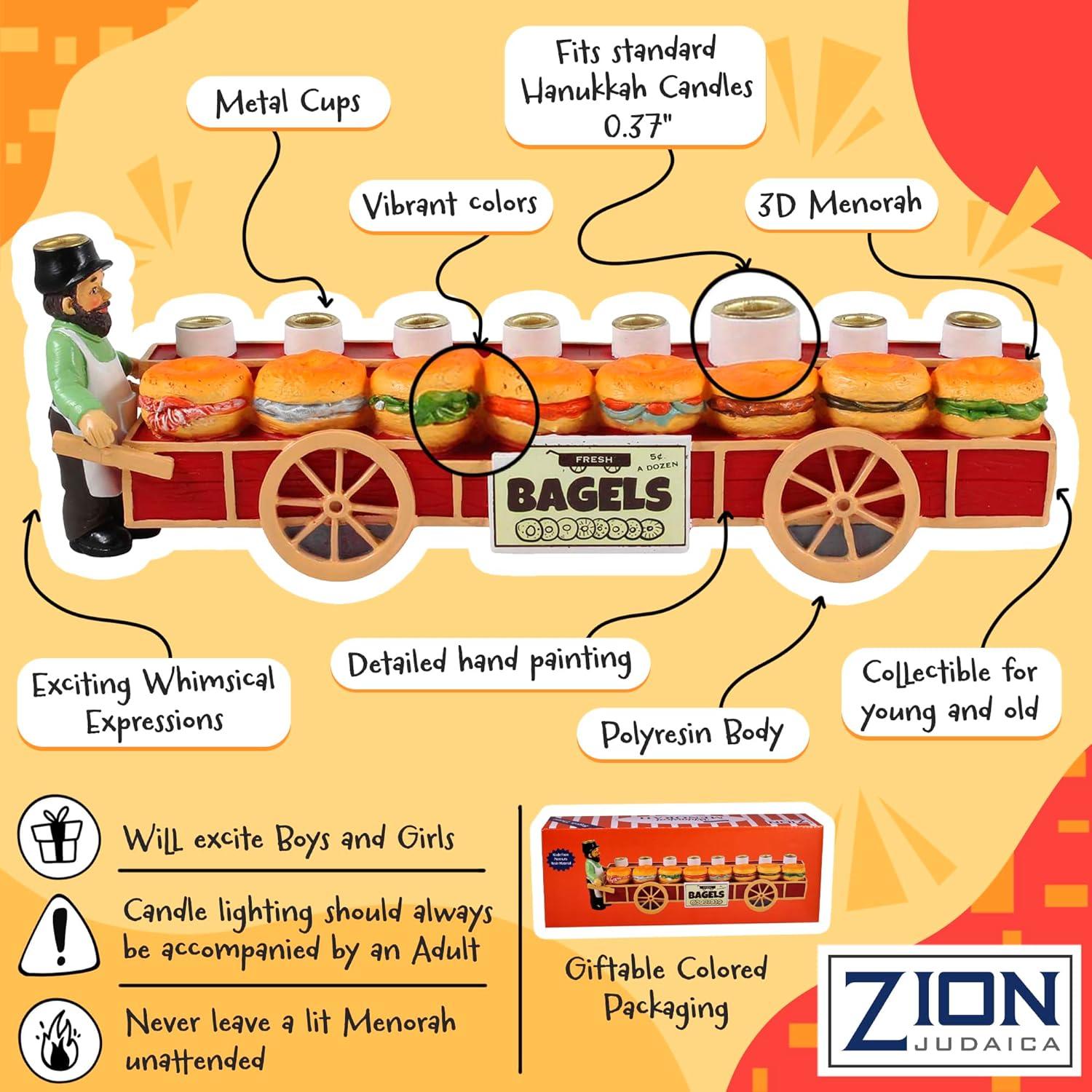 Zion Judaica Bagels and Lox Menorah - Merchant and Sandwiches Cart Collectible Candle Menorah - Fits Standard Size Hanukkah Candles