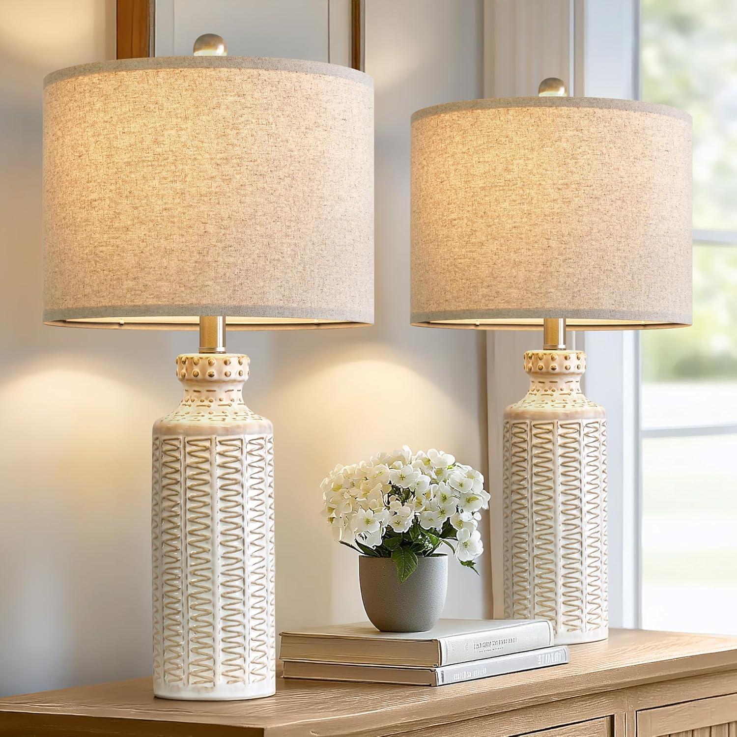23" Modern Ceramic Table Lamp Set of 2 for Living Room White Desk Lamps for Bedroom Farmhouse Bedside Nightstand Bedside Lamp End Table Lamps Beige