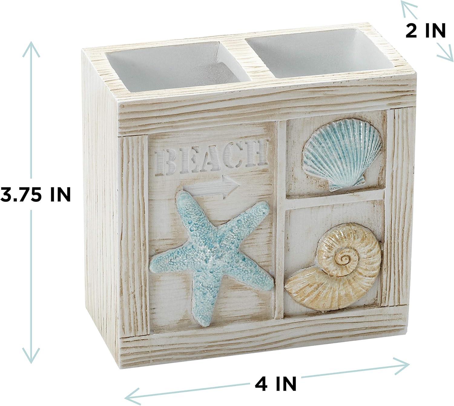 Zenna Home Seaside Serenity Bathroom Toothbrush Holder with Carved Resin Design, Holds Up to 4 Brushes, Electric Toothbrush Holder for Bathroom Decor with Hand-Painted Shells, Teal/Ivory