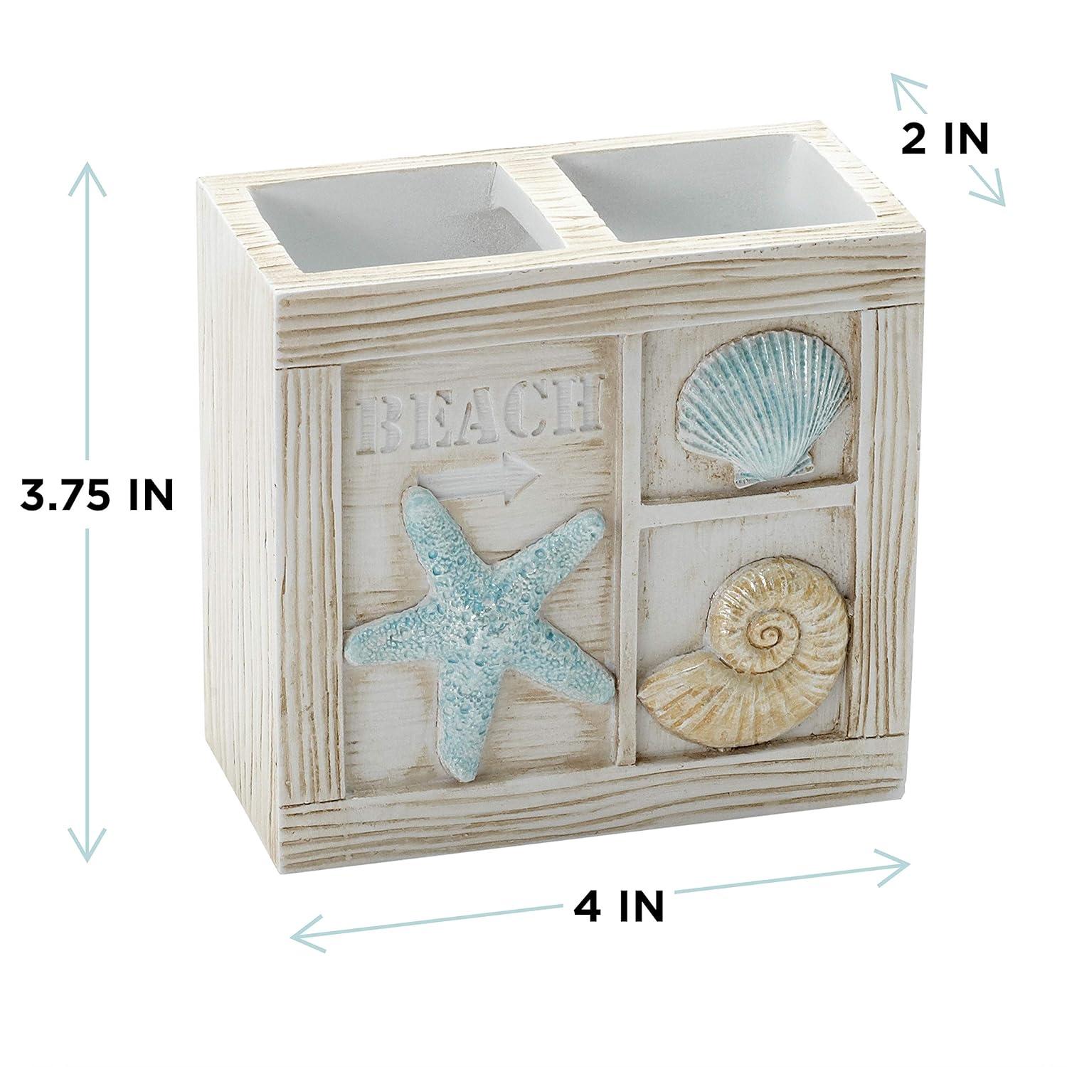 Zenna Home Seaside Serenity Bathroom Toothbrush Holder with Carved Resin Design, Holds Up to 4 Brushes, Electric Toothbrush Holder for Bathroom Decor with Hand-Painted Shells, Teal/Ivory
