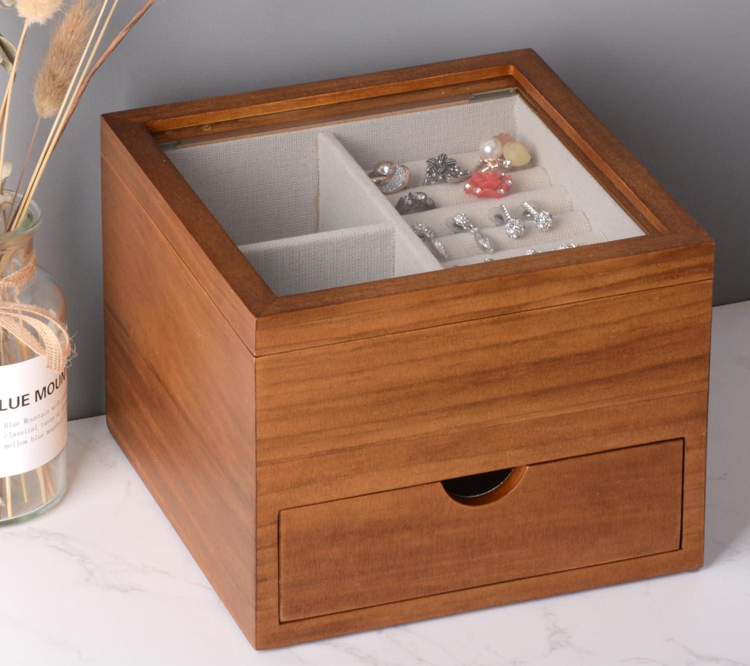 Vintage Pine Wood Jewelry Box with Glass Lid