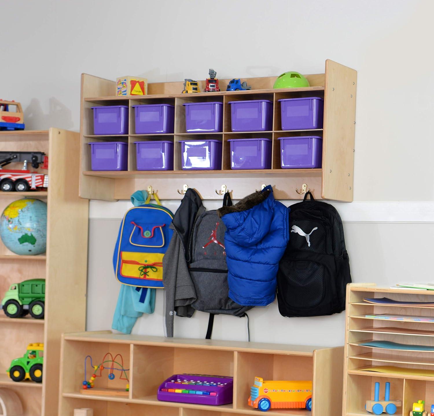 Natural Wood Wall Storage with Purple Plastic Bins