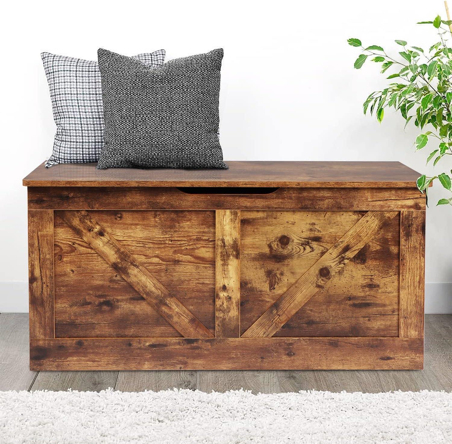 39.4" Storage Chest, Wooden Storage Bench, Large Storage Trunk with 2 Safety Hinges, Entryway Shoes Bench for Living Room, Bedroom, Rustic Brown