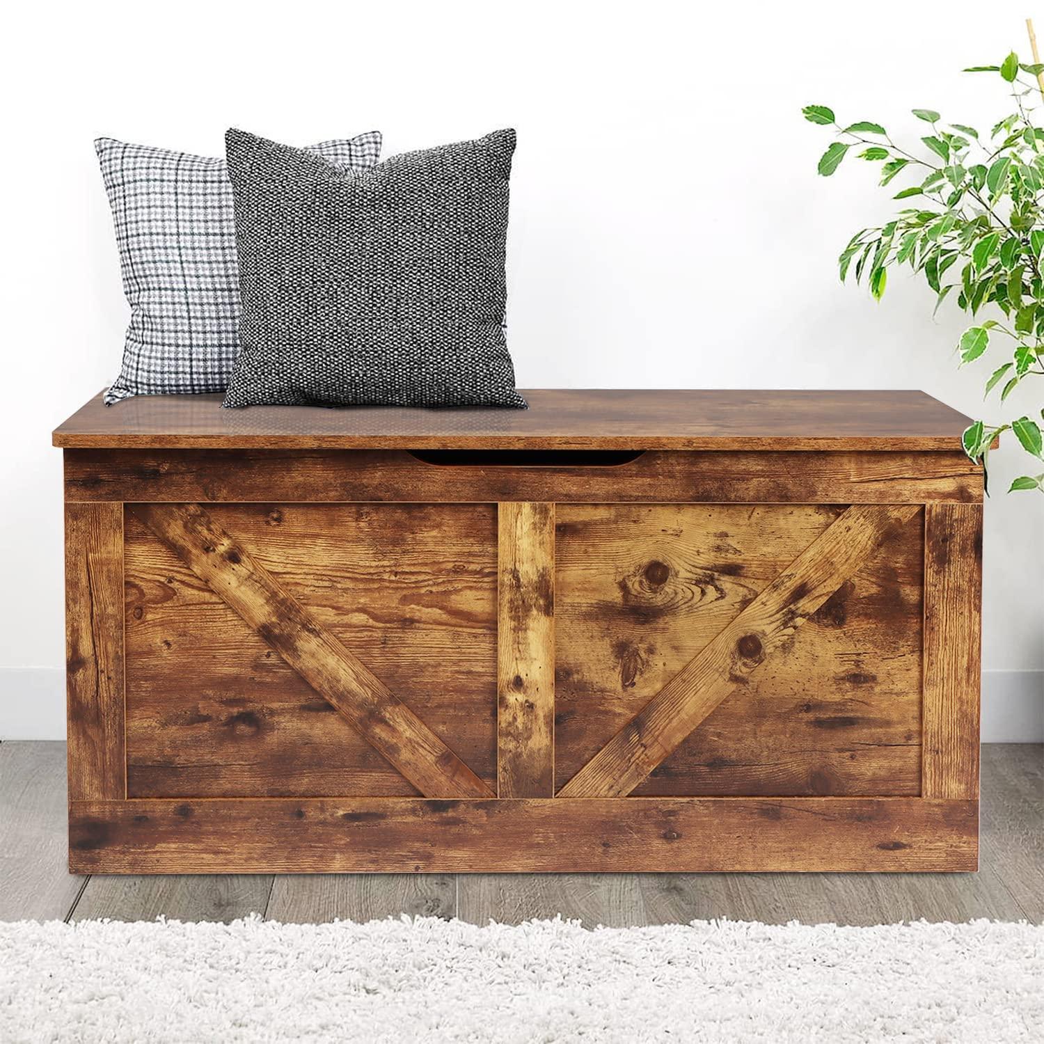 39.4" Storage Chest, Wooden Storage Bench, Large Storage Trunk with 2 Safety Hinges, Entryway Shoes Bench for Living Room, Bedroom, Rustic Brown