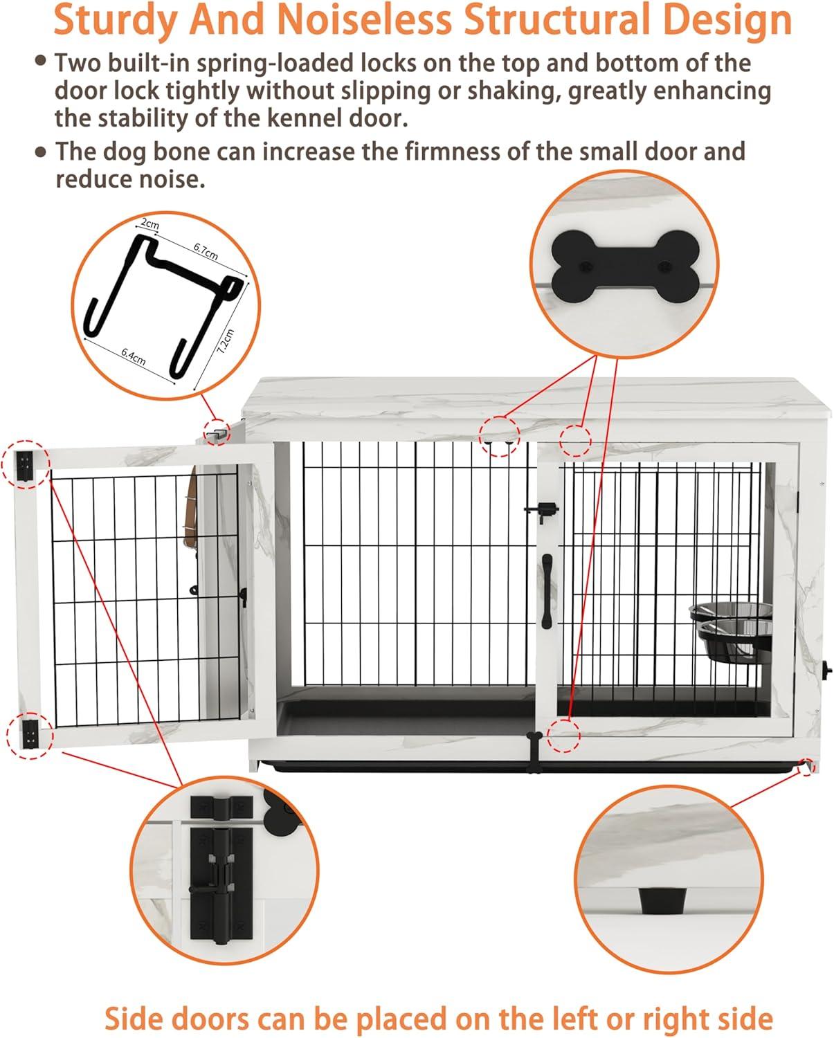 Piskyet Wooden Dog Crate Furniture with 360°Rotatable Removable Dog Bowls, Dog Crate End Table with Tray, Double Doors Dog Kennels forDogs(L:37.7" L*25.1" W*26.1" H, Marble White)