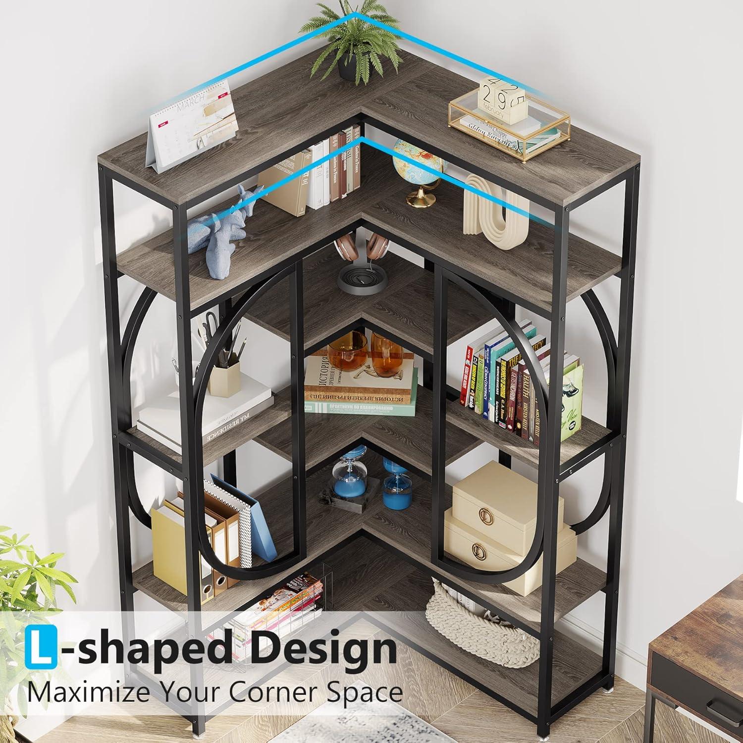 Tall Grey and Black L-Shaped 7-Shelf Corner Bookcase