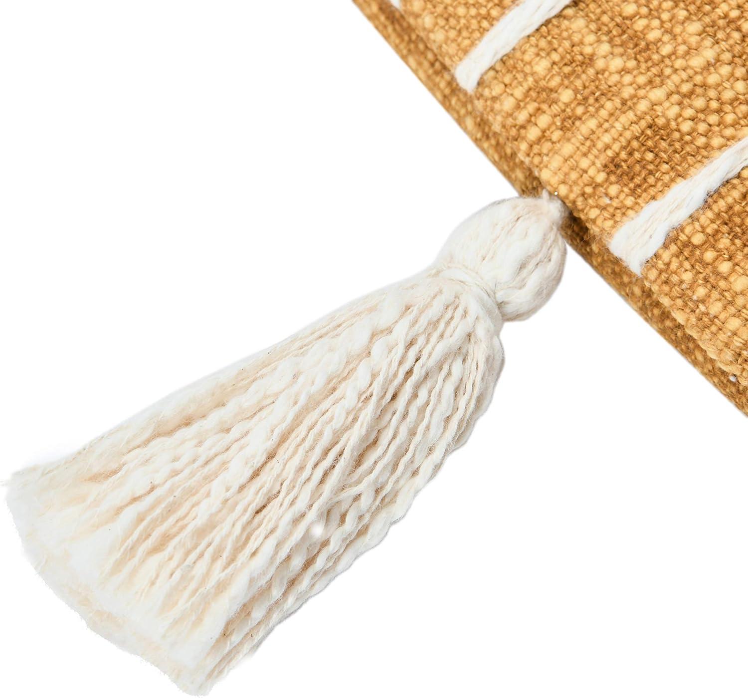 Creative Co-Op Creative Co-Op Woven Cotton Pillow with Appliqued Stripes and Tassels, Mustard and White