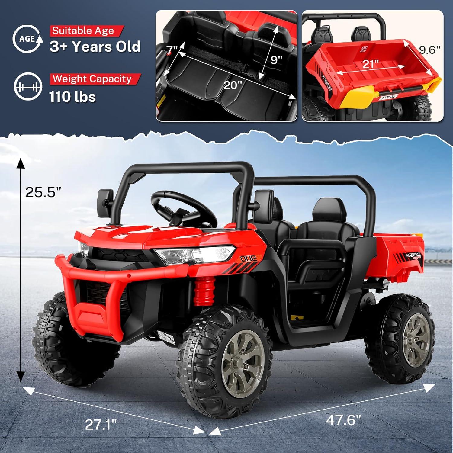Funride 4WD 24 Volt Ride on Toys with Remote Control, 2 Seater Power Car Wheels UTV Toys, Ride on Truck Car w/ Electric Dump Bed, Shovel, Bluetooth Music