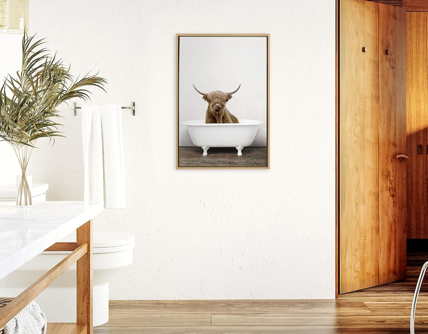 Kate and Laurel Sylvie Highland Cow in Tub Color Framed Canvas by Amy Peterson Art Studio, 23x33, Natural
