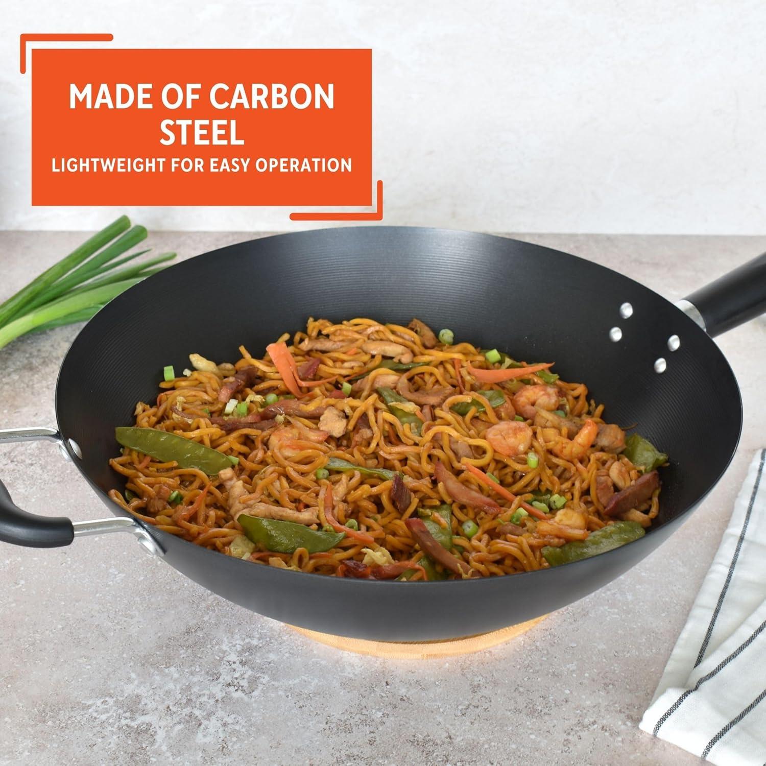 IMUSA 14" Coated Wok with Bakelite Handle: Nonstick Carbon Steel Stir Fry Pan, 64 Volume, Electric & Gas Compatible