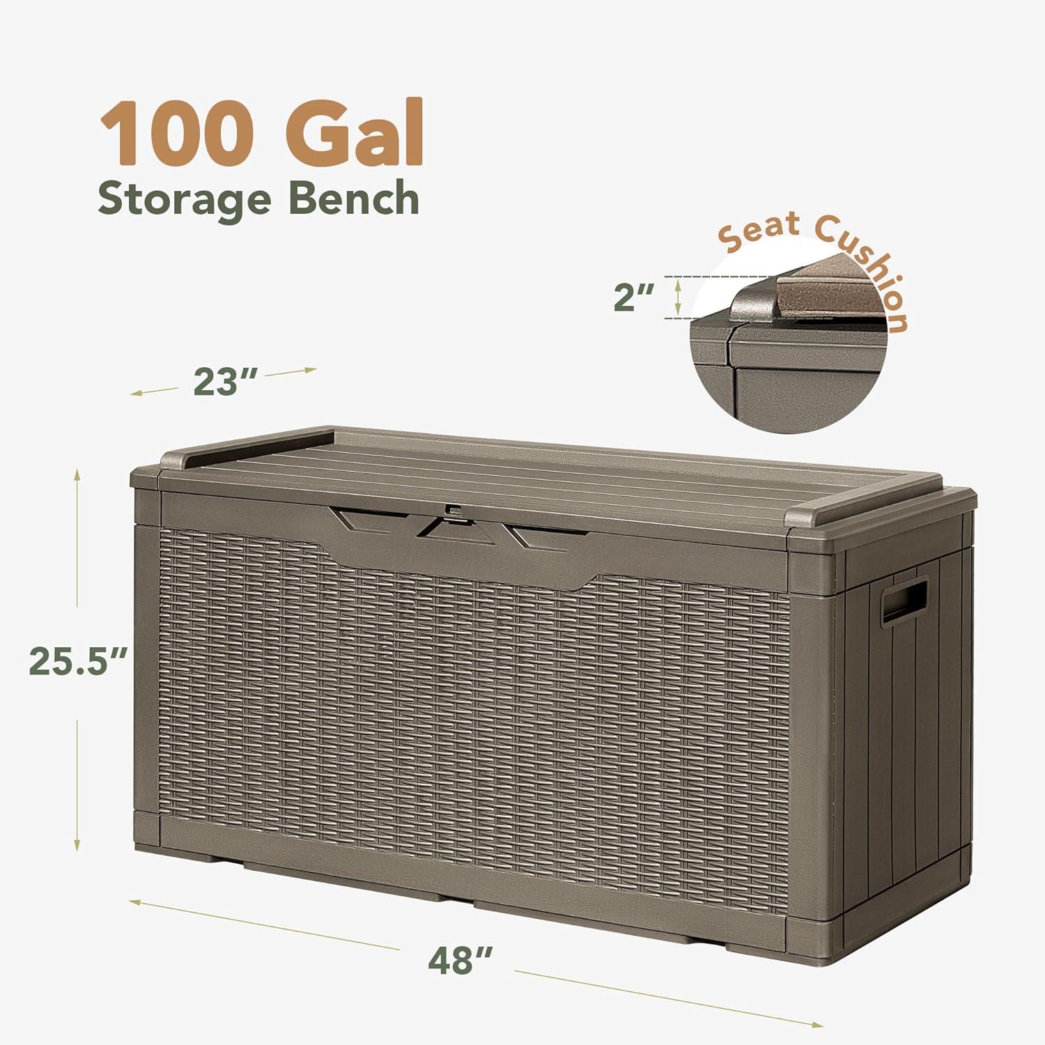 Flamaker Deck Box with Cushion 100 Gallon Waterproof Resin Storage Box with Air Rod Indoor Outdoor Lockable Storage Bench for Patio Furniture, Tools, Pool Accessories (Black)