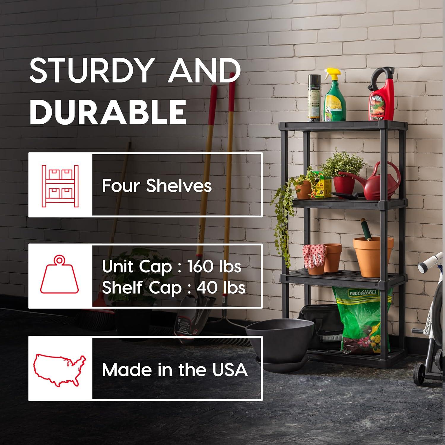 IRIS USA 4-Tier Shelving Unit, 48" Fixed Height, Medium Storage Organizer 24"W x 12"D x 48"H, Made with Recycled Materials, Black
