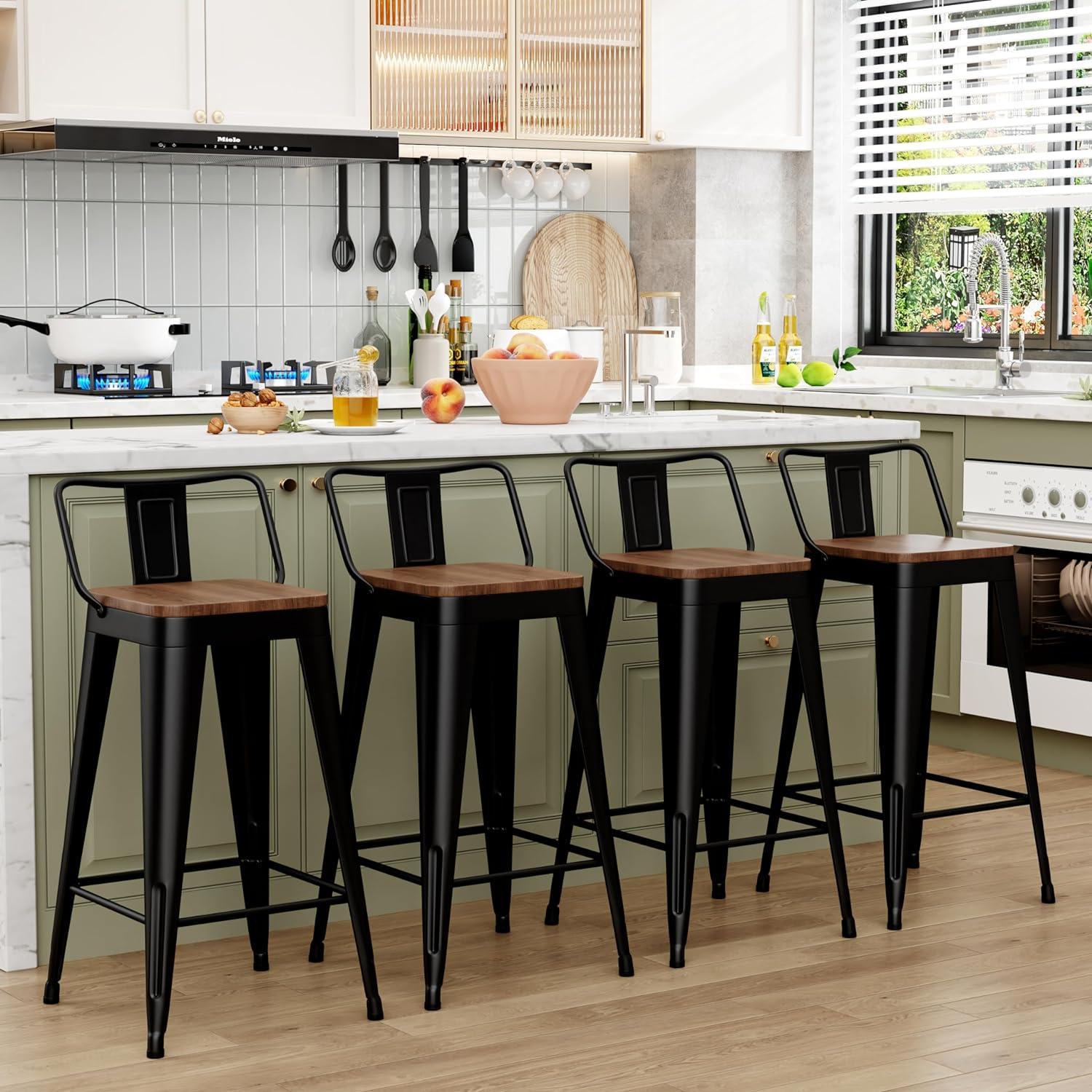 Set of 4 Black Metal and Wood Counter Stools