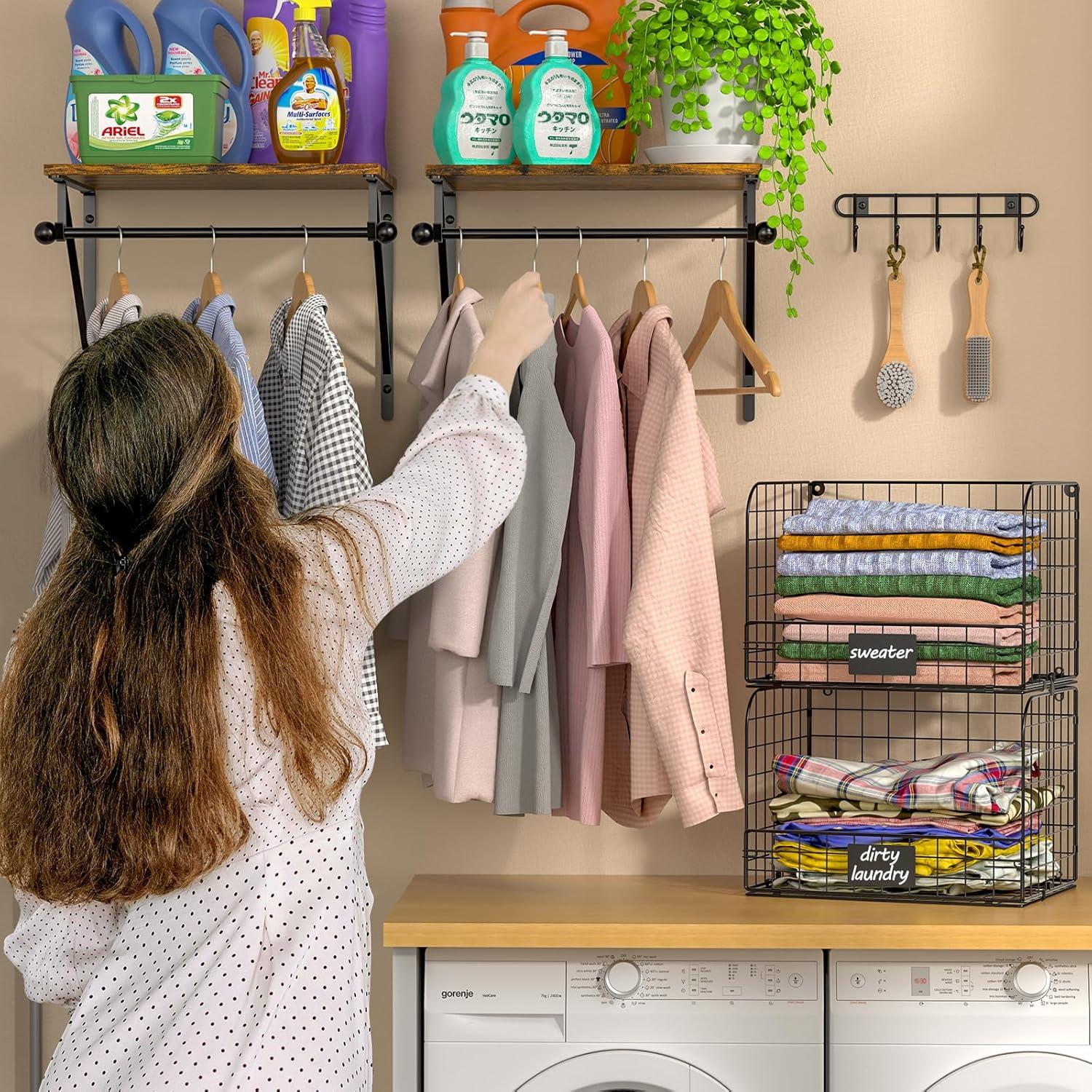 Black Wood and Metal Wall-Mounted Laundry Shelves with Wire Baskets