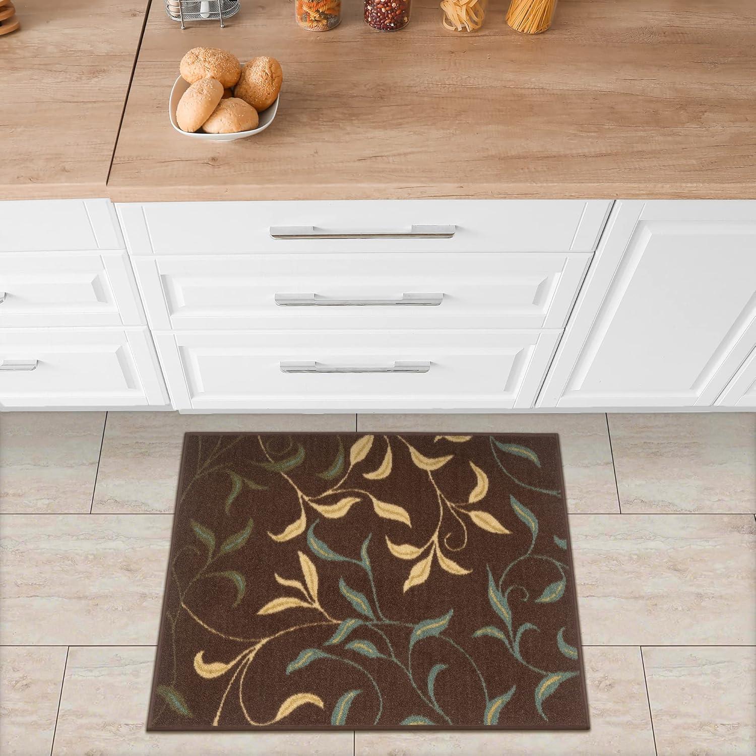 Ottohome Non-Slip Leaves Area Rug For Living Room, Hallway Runner, Entryway Rug, Brown