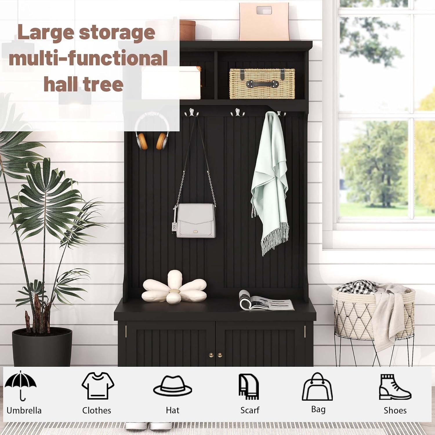 Modern Hallway Hall Tree with Metal Hooks and Storage Space, Multi-Functional Entryway Coat Rack with Shoe Cubbies