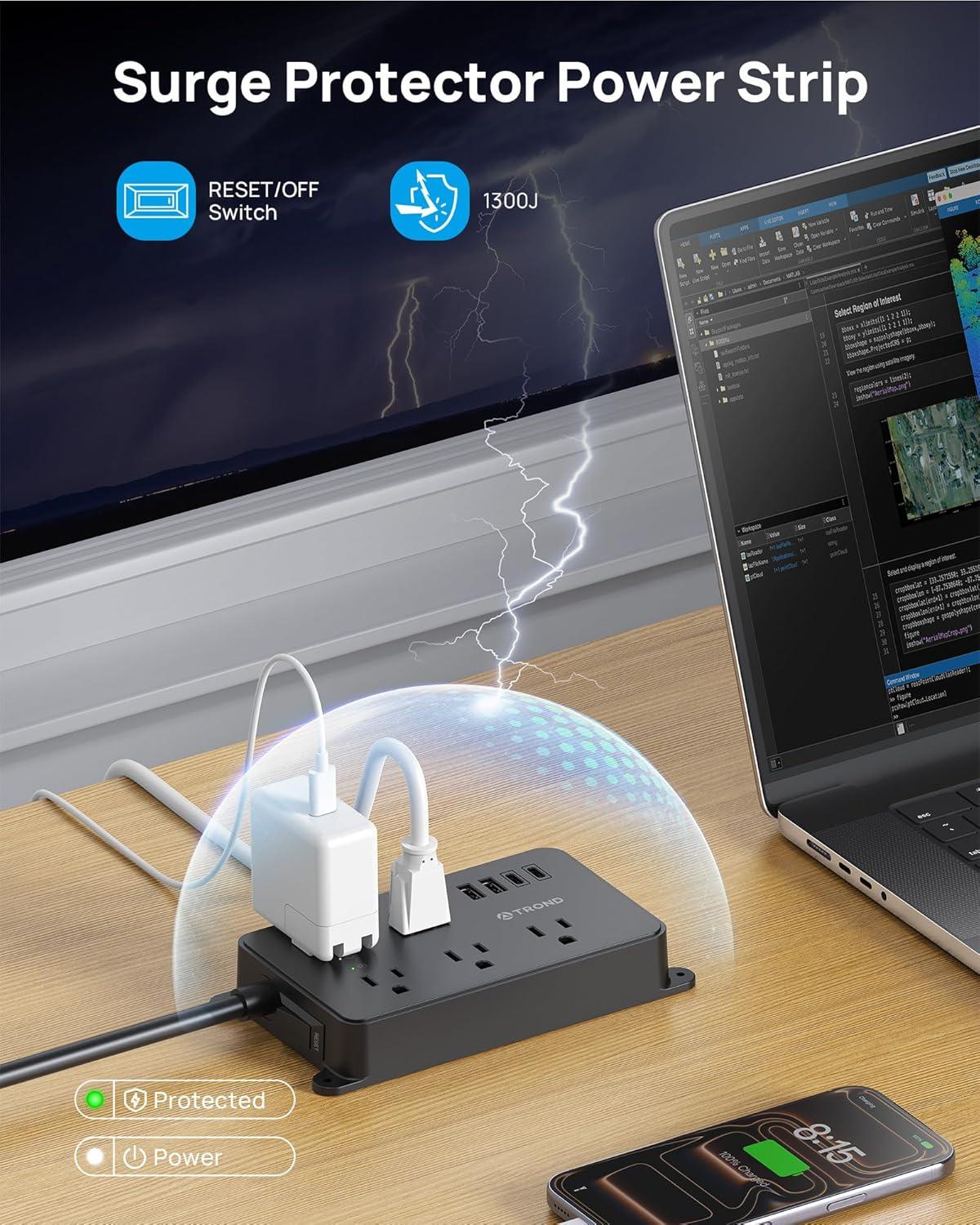 TROND Power Strip Surge Protector, ETL Listed, 15A, 5 Wide Spaced Outlets with 3 USB Ports, Wall Mountable, Flat Plug 5ft Extension Cord, 1300J, 14AWG Heavy Duty, for Office Kitchen, Black